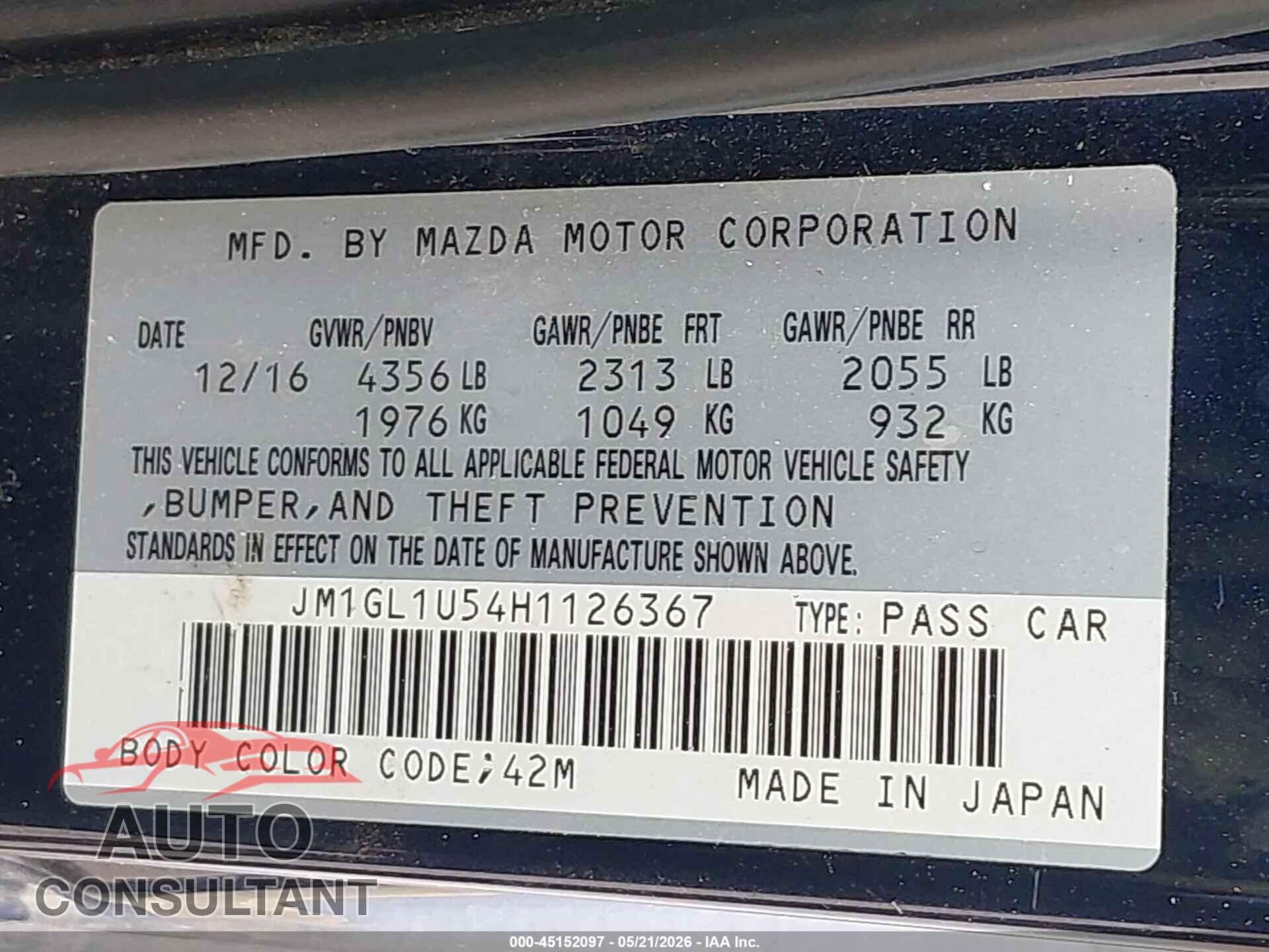 MAZDA MAZDA6 2017 - JM1GL1U54H1126367