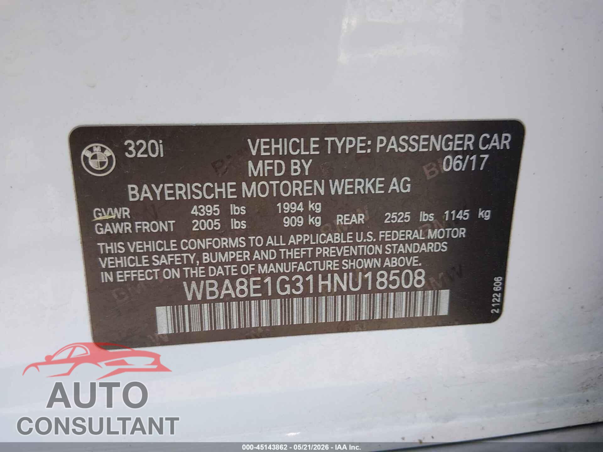 BMW 320I 2017 - WBA8E1G31HNU18508
