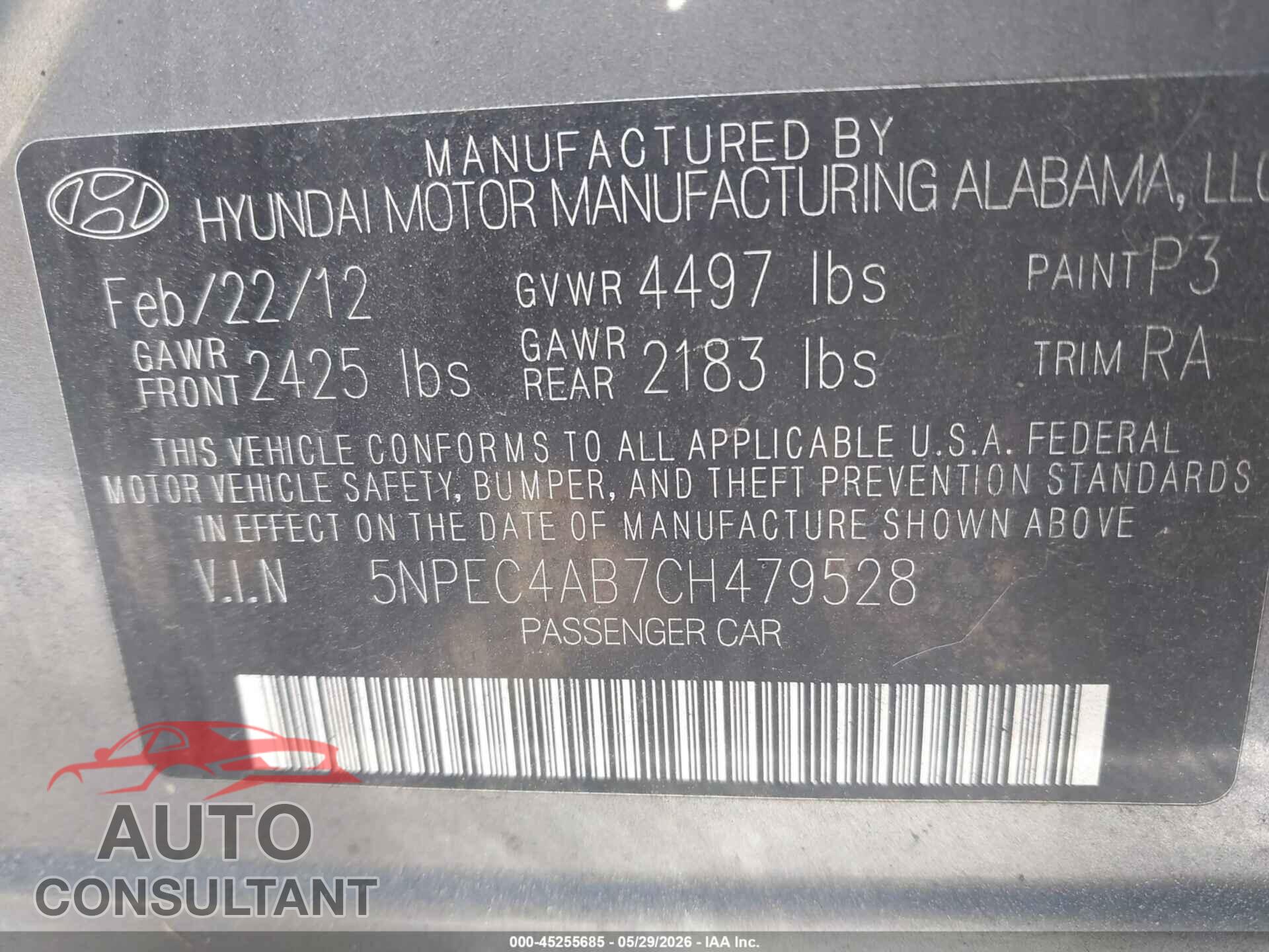 HYUNDAI SONATA 2012 - 5NPEC4AB7CH479528