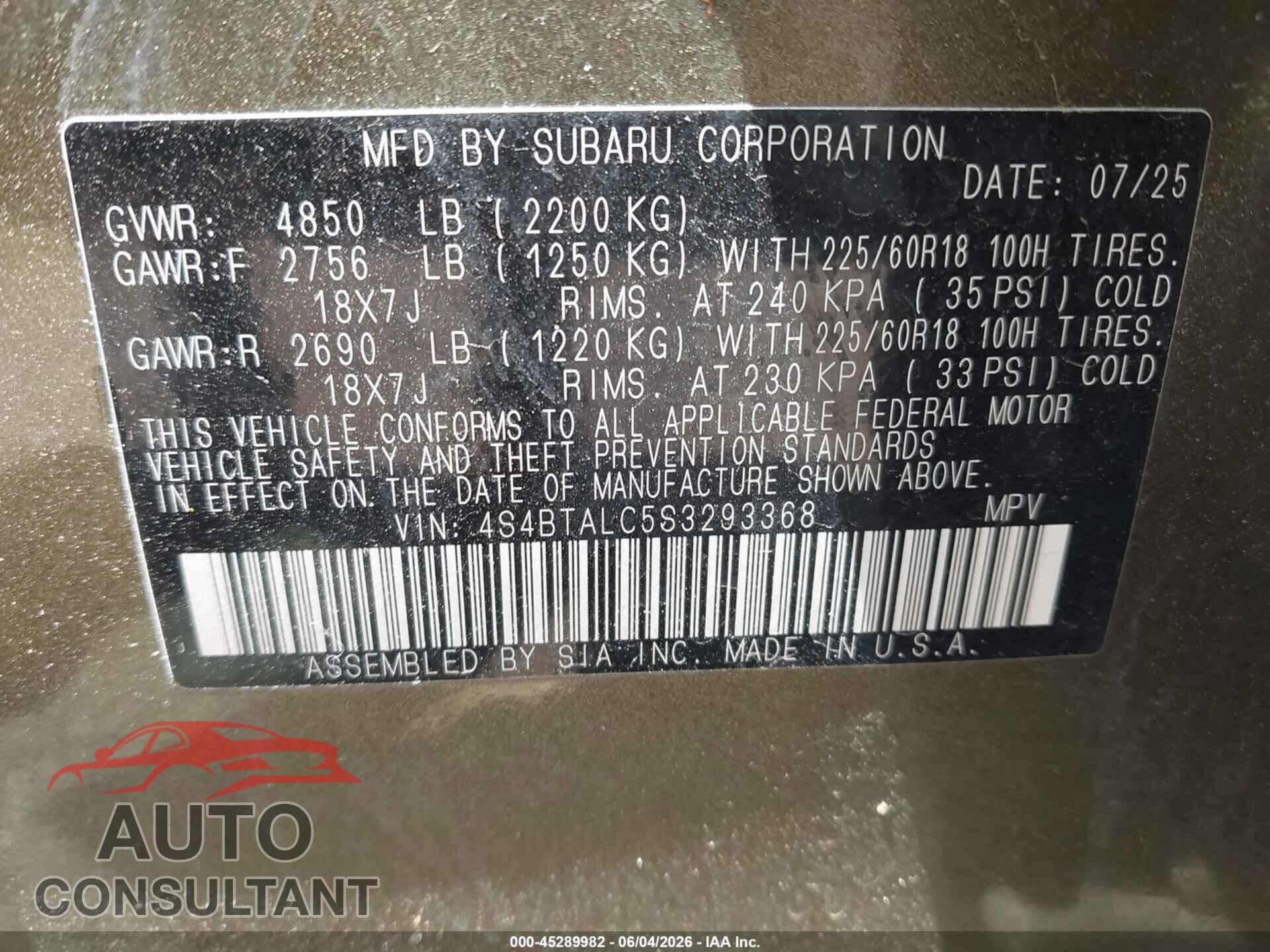 SUBARU OUTBACK 2025 - 4S4BTALC5S3293368