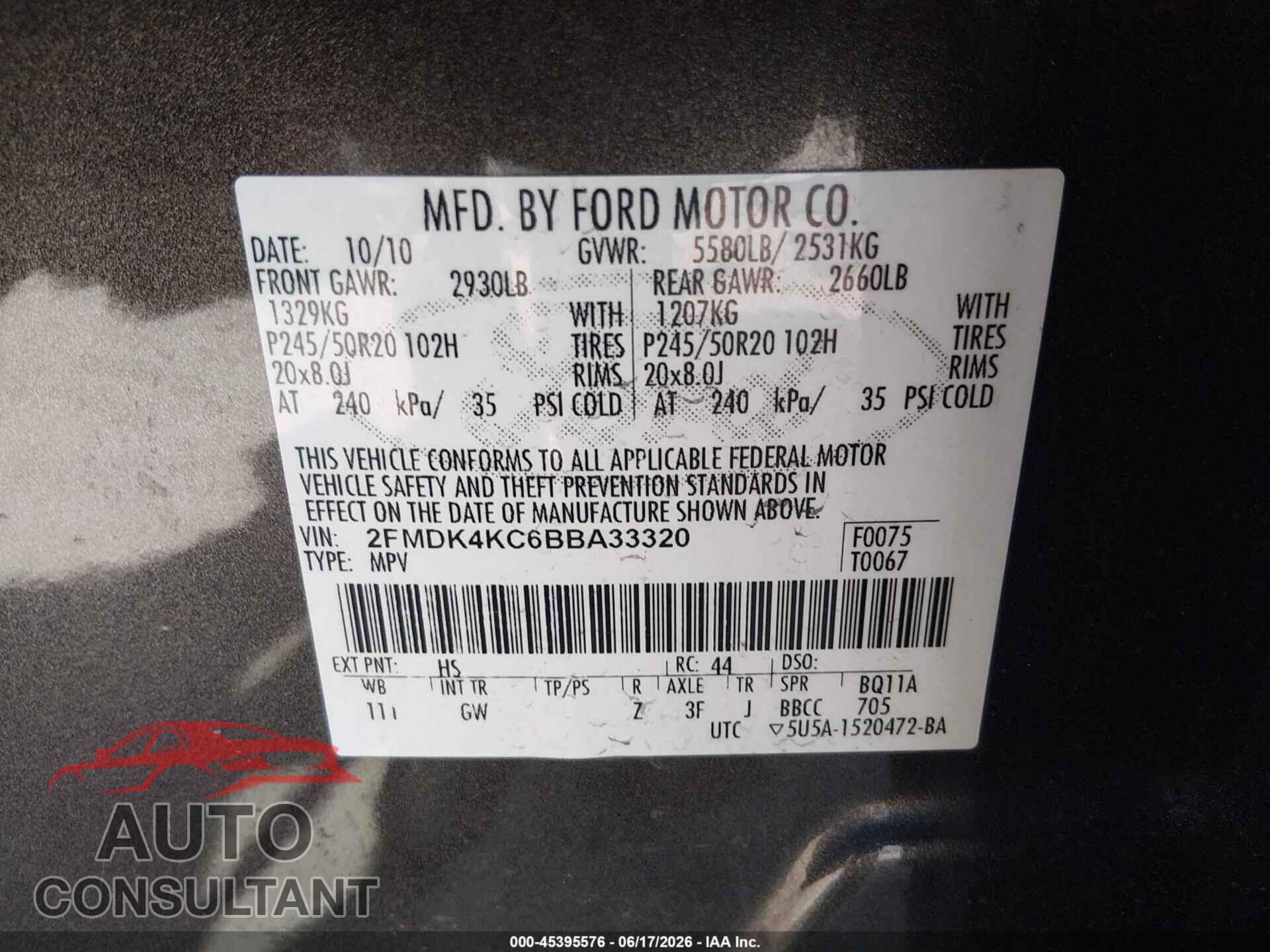 FORD EDGE 2011 - 2FMDK4KC6BBA33320