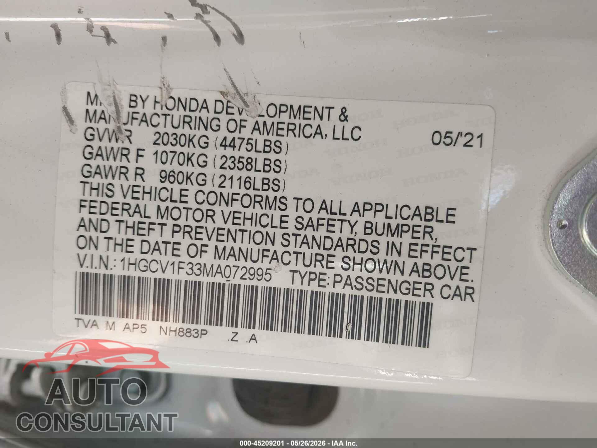HONDA ACCORD 2021 - 1HGCV1F33MA072995