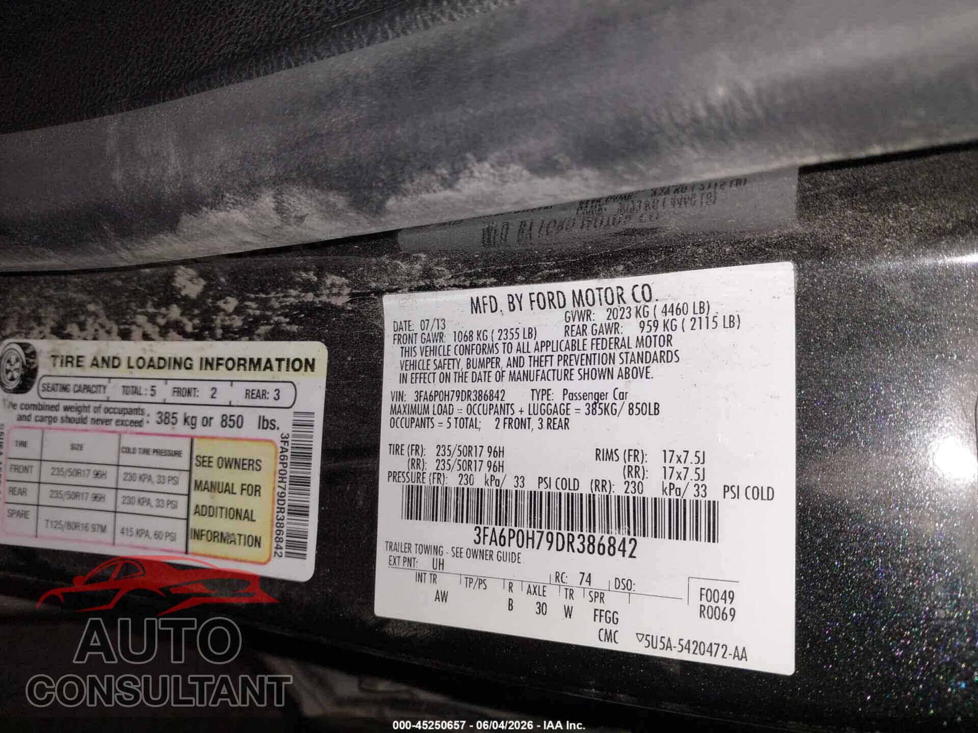 FORD FUSION 2013 - 3FA6P0H79DR386842