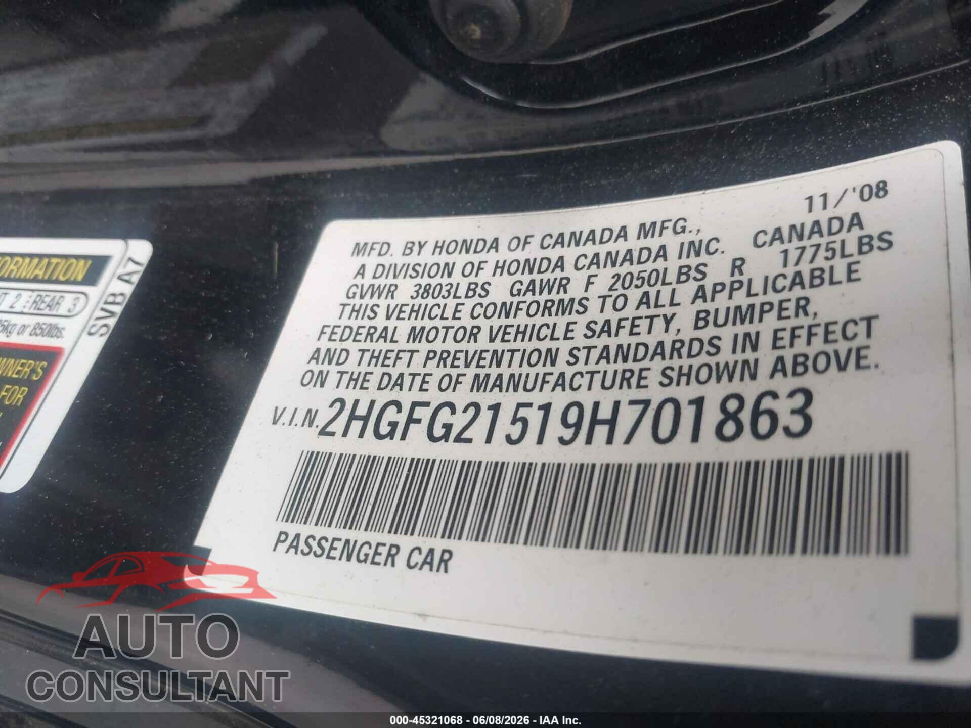 HONDA CIVIC 2009 - 2HGFG21519H701863