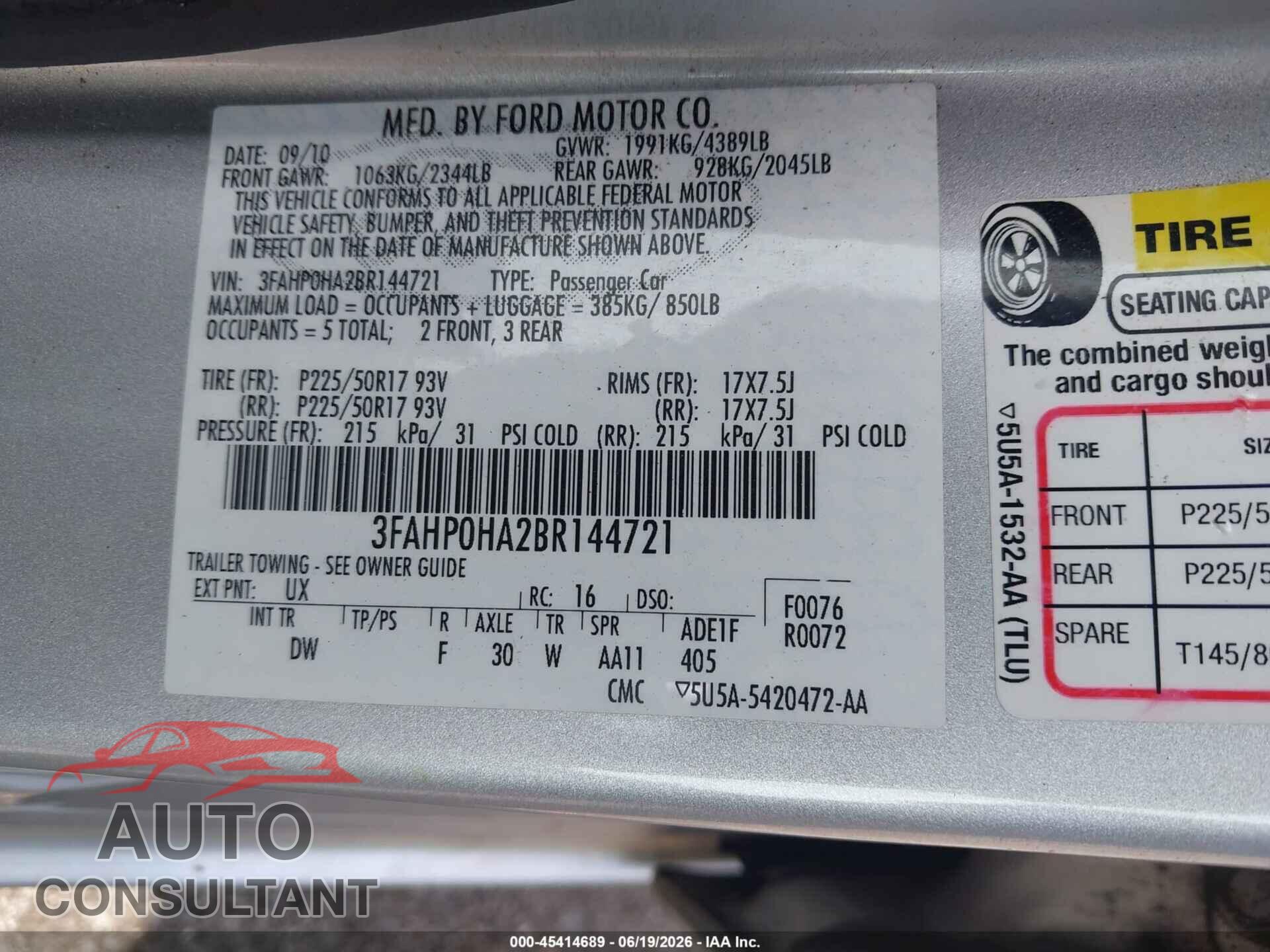 FORD FUSION 2011 - 3FAHP0HA2BR144721