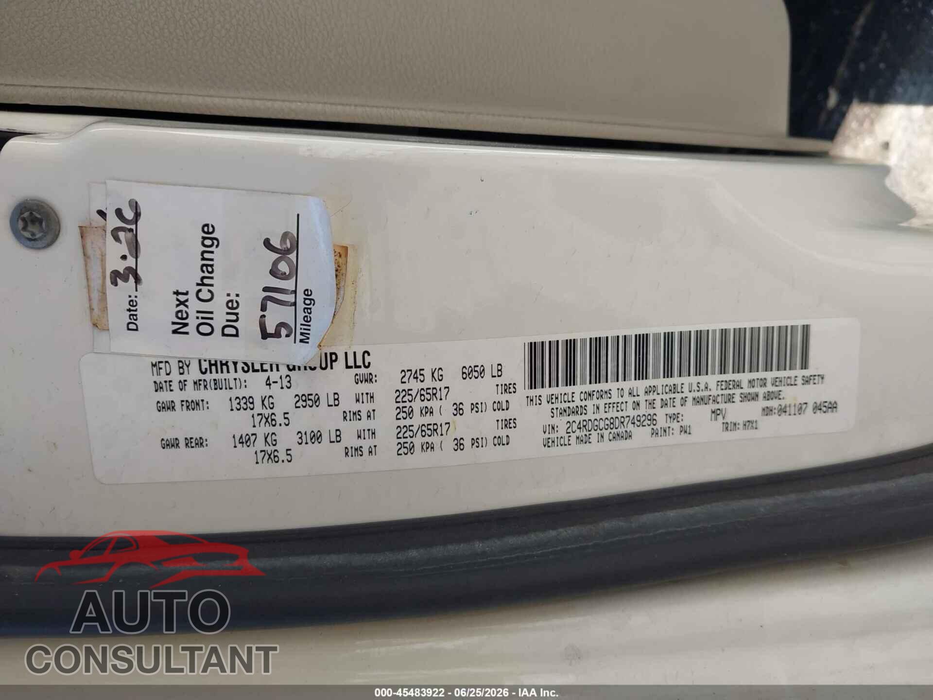 DODGE GRAND CARAVAN 2013 - 2C4RDGCG8DR749296