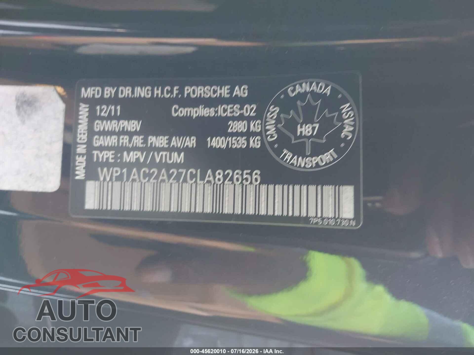 PORSCHE CAYENNE 2012 - WP1AC2A27CLA82656