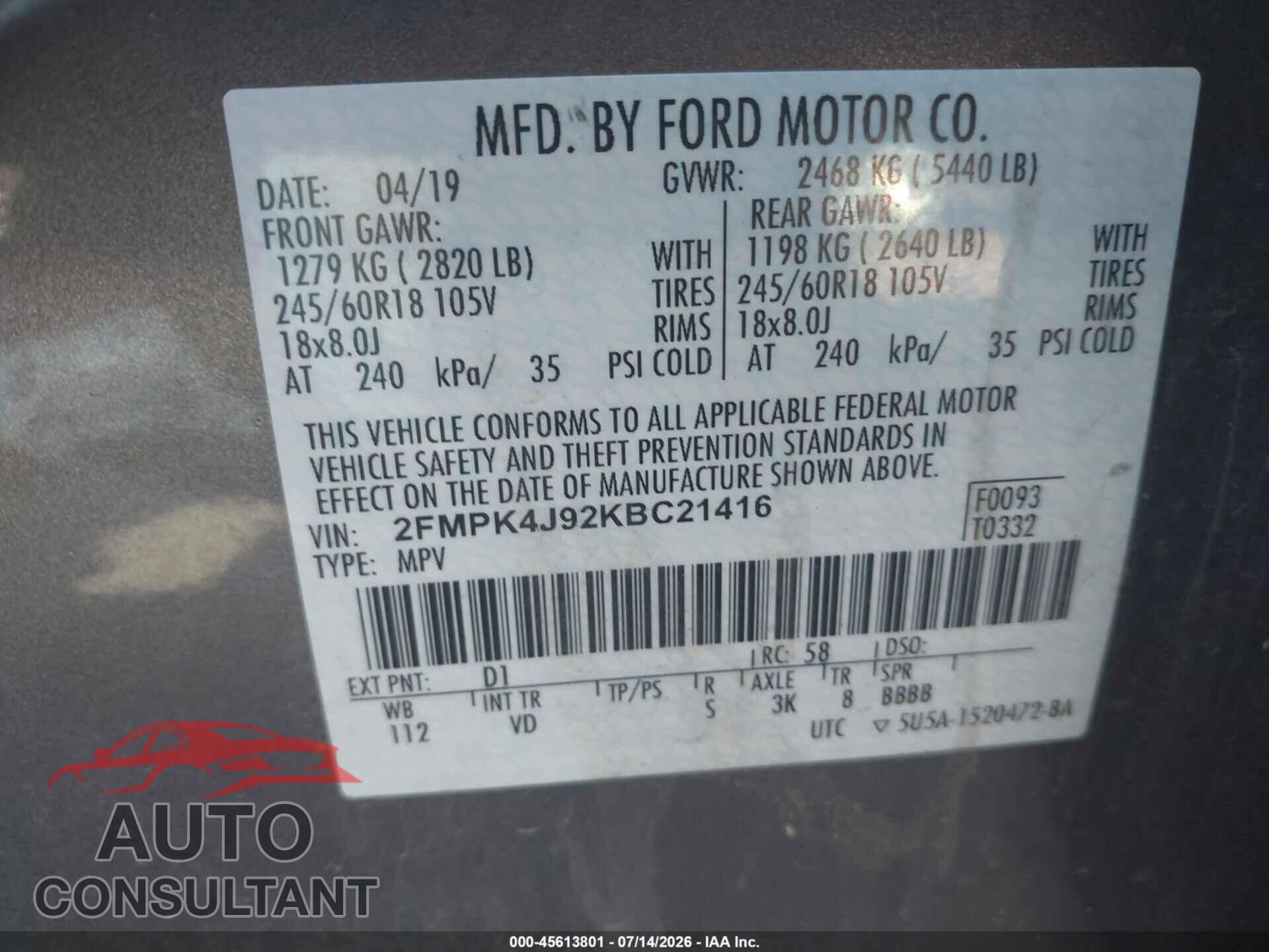 FORD EDGE 2019 - 2FMPK4J92KBC21416