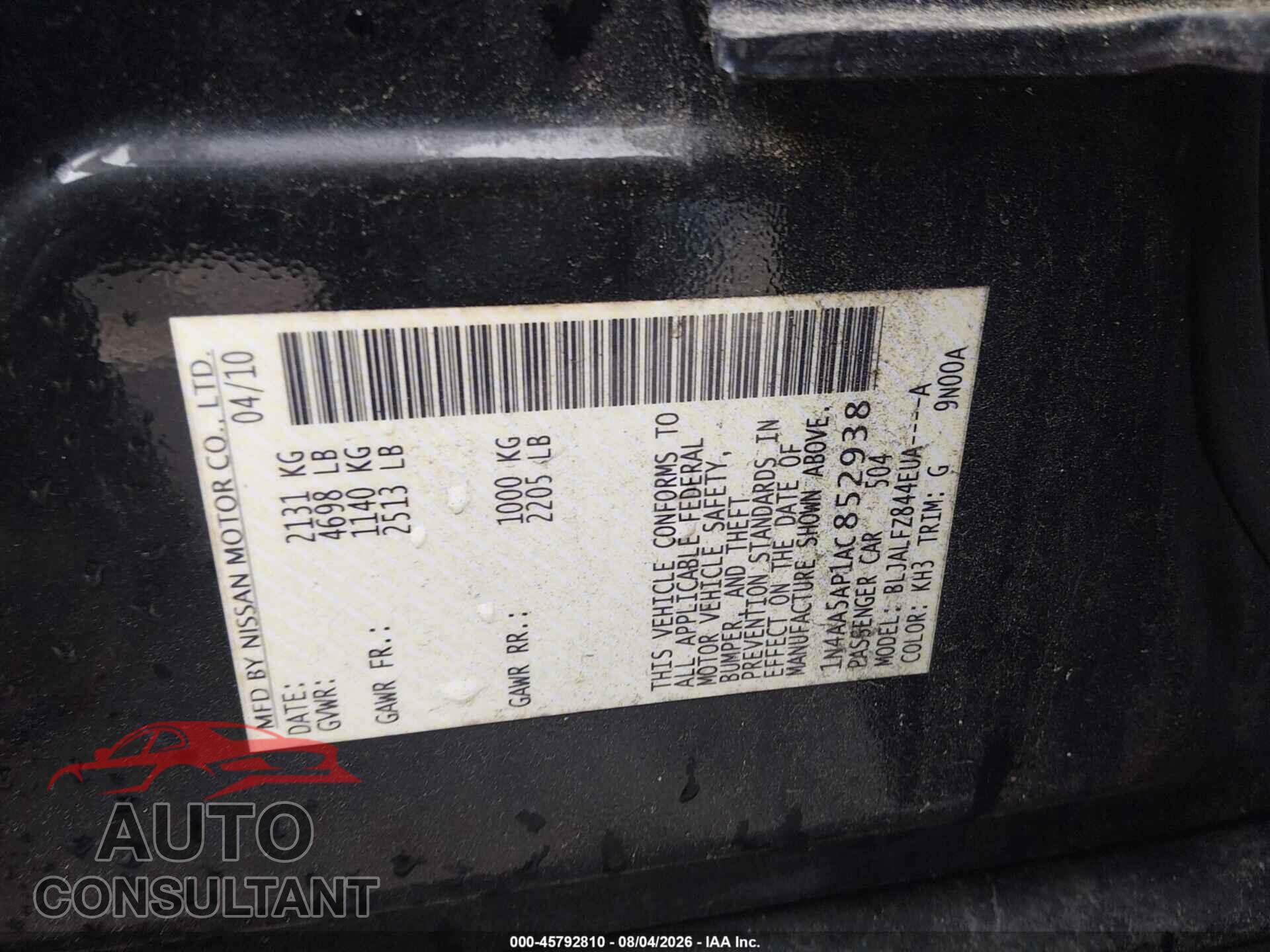 NISSAN MAXIMA 2010 - 1N4AA5AP1AC852938