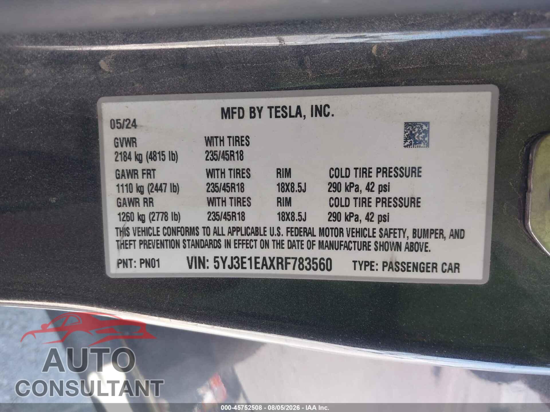 TESLA MODEL 3 2024 - 5YJ3E1EAXRF783560