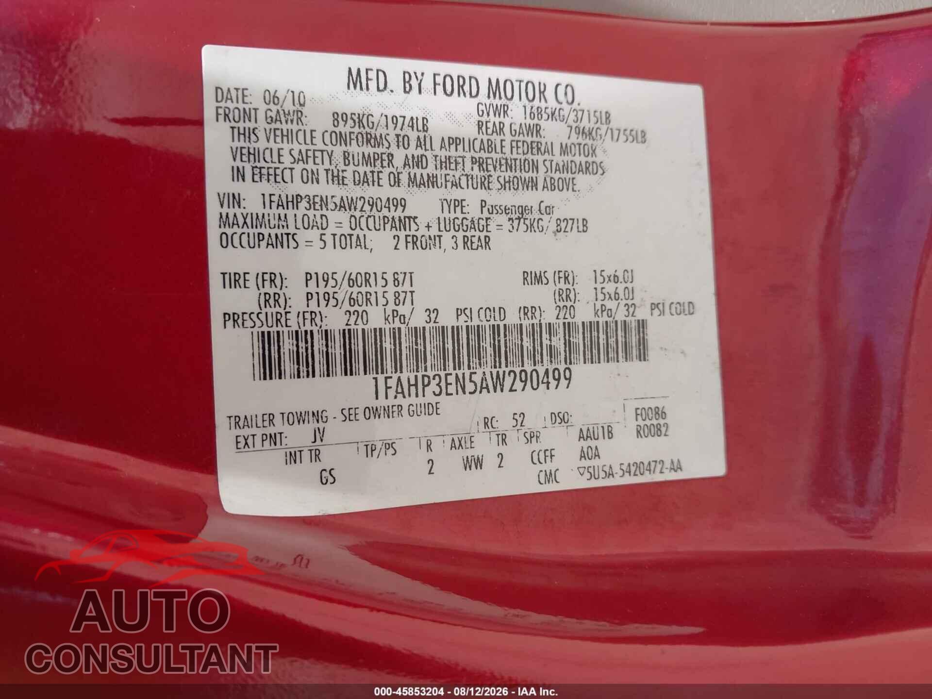 FORD FOCUS 2010 - 1FAHP3EN5AW290499