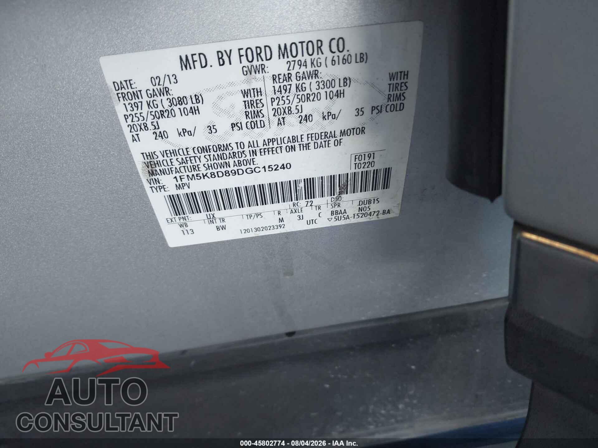 FORD EXPLORER 2013 - 1FM5K8D89DGC15240