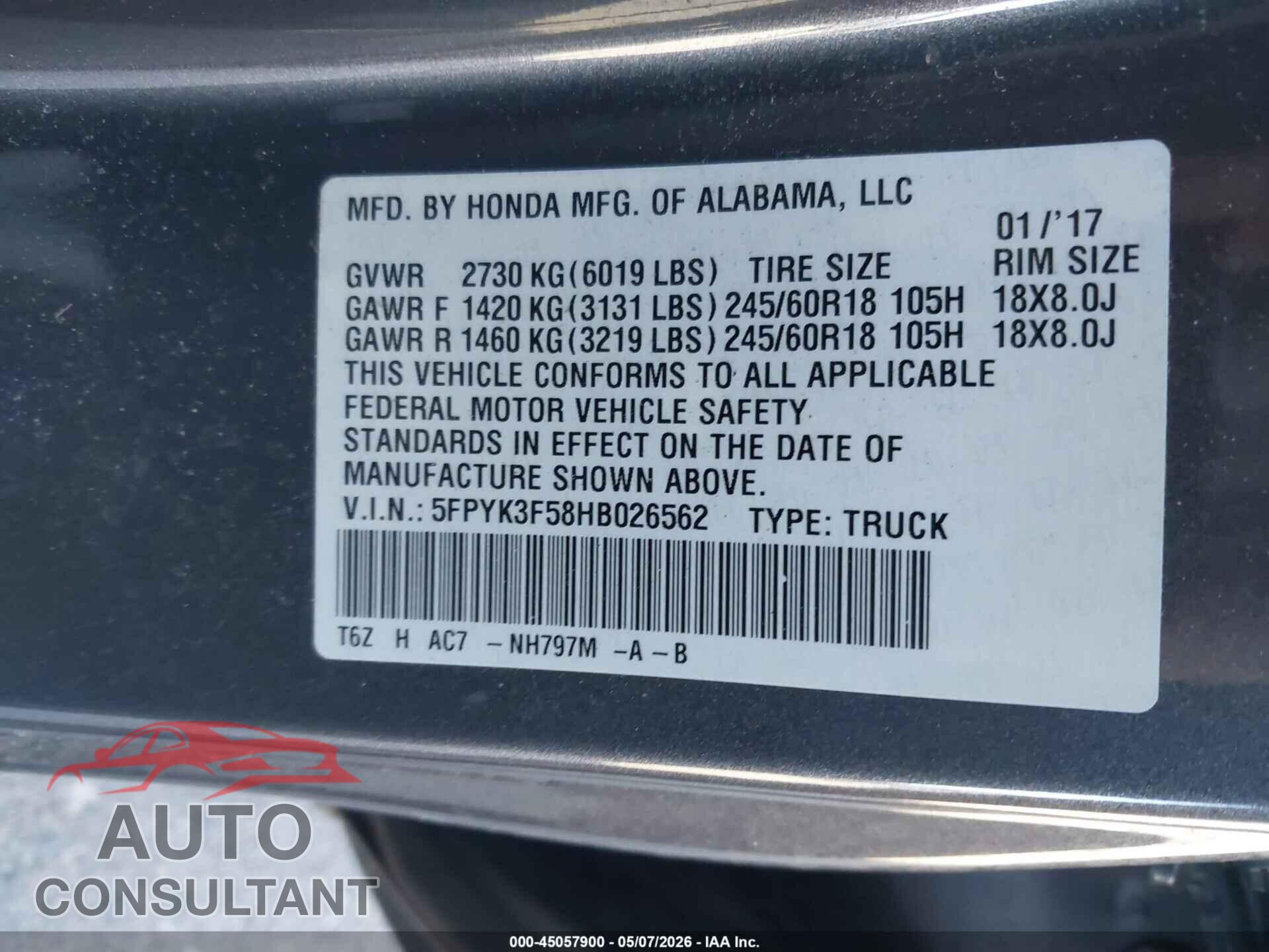 HONDA RIDGELINE 2017 - 5FPYK3F58HB026562