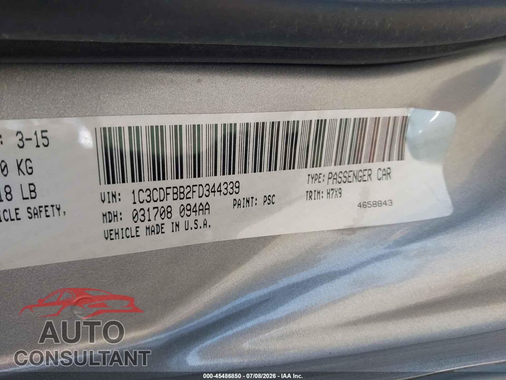 DODGE DART 2015 - 1C3CDFBB2FD344339