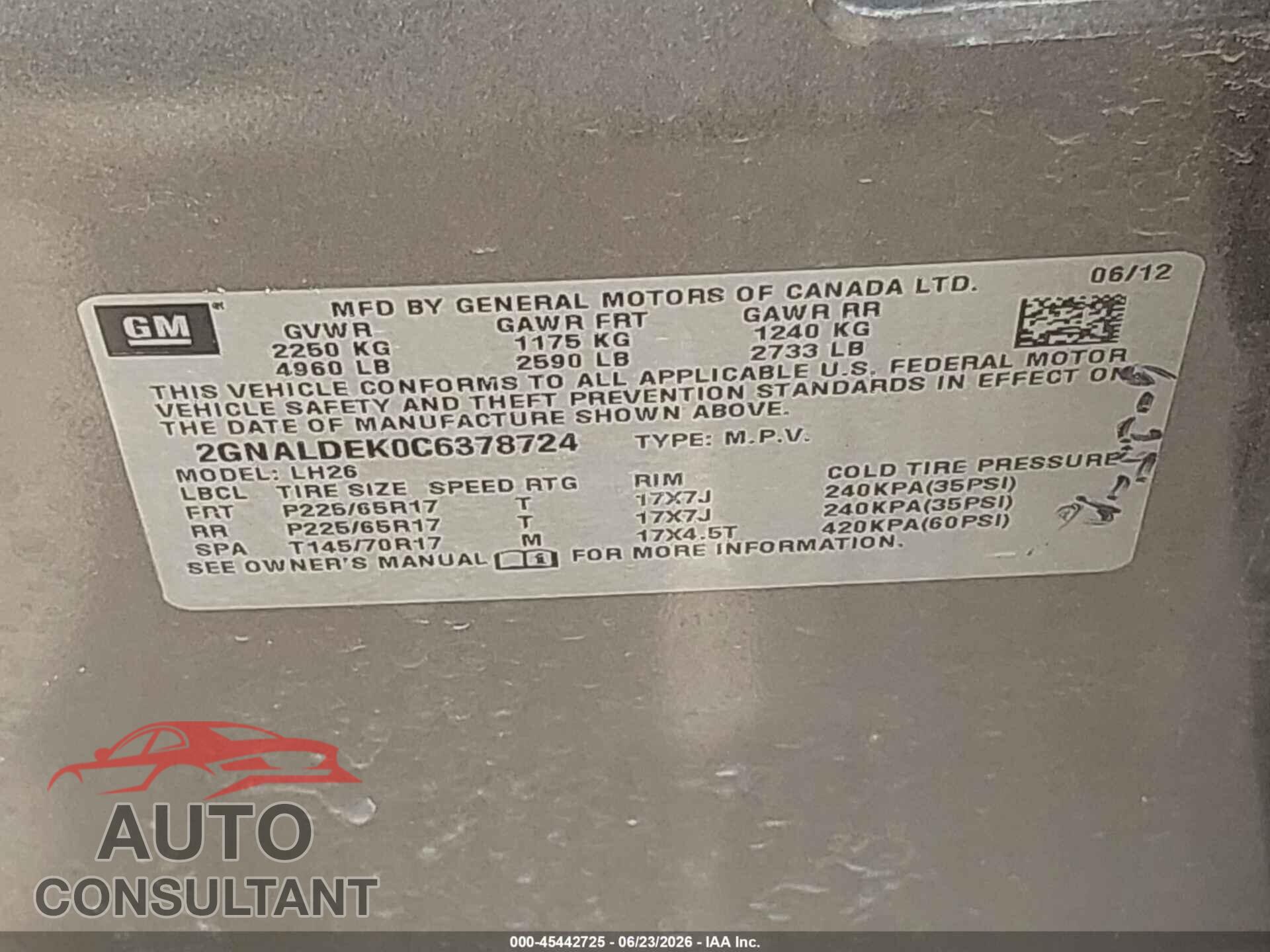 CHEVROLET EQUINOX 2012 - 2GNALDEK0C6378724
