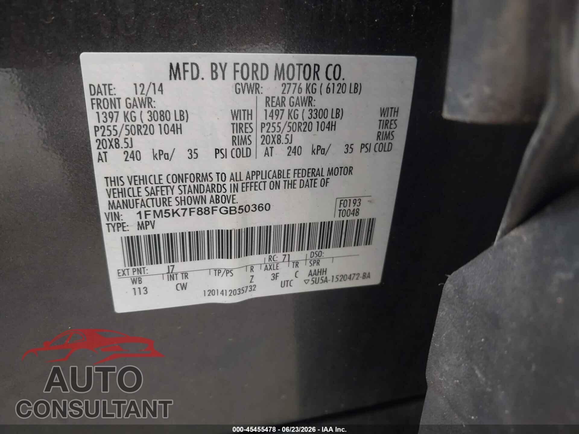 FORD EXPLORER 2015 - 1FM5K7F88FGB50360