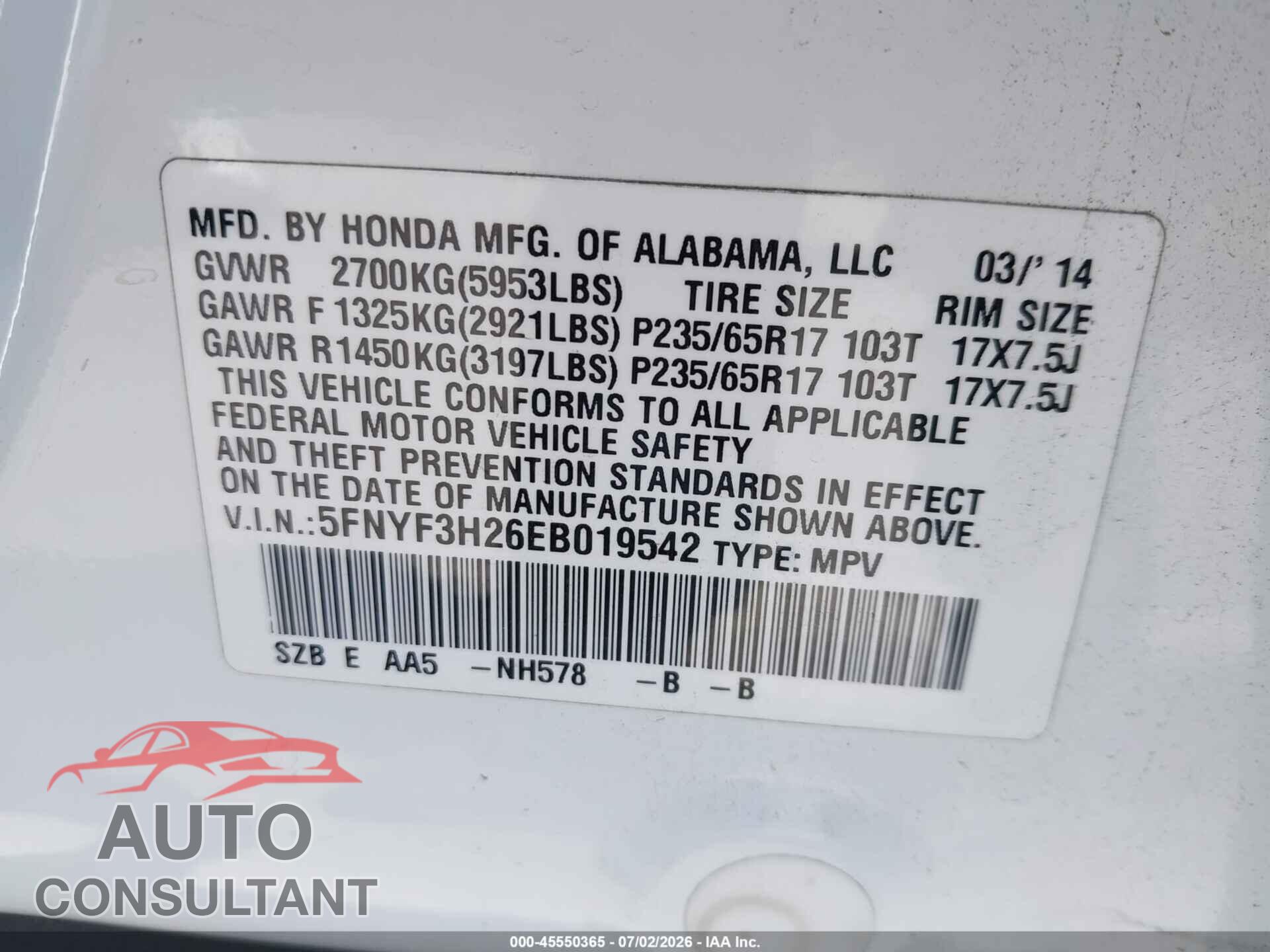 HONDA PILOT 2014 - 5FNYF3H26EB019542