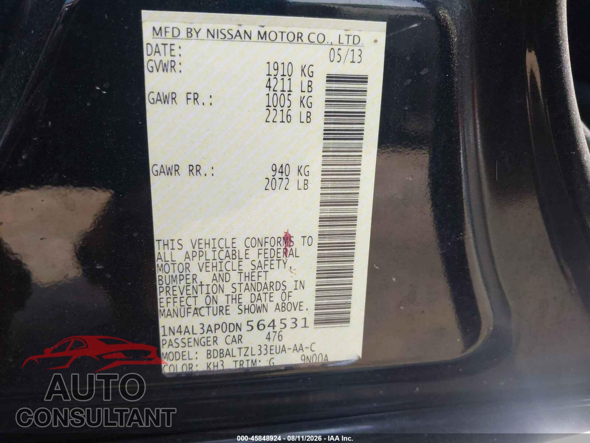 NISSAN ALTIMA 2013 - 1N4AL3AP0DN564531