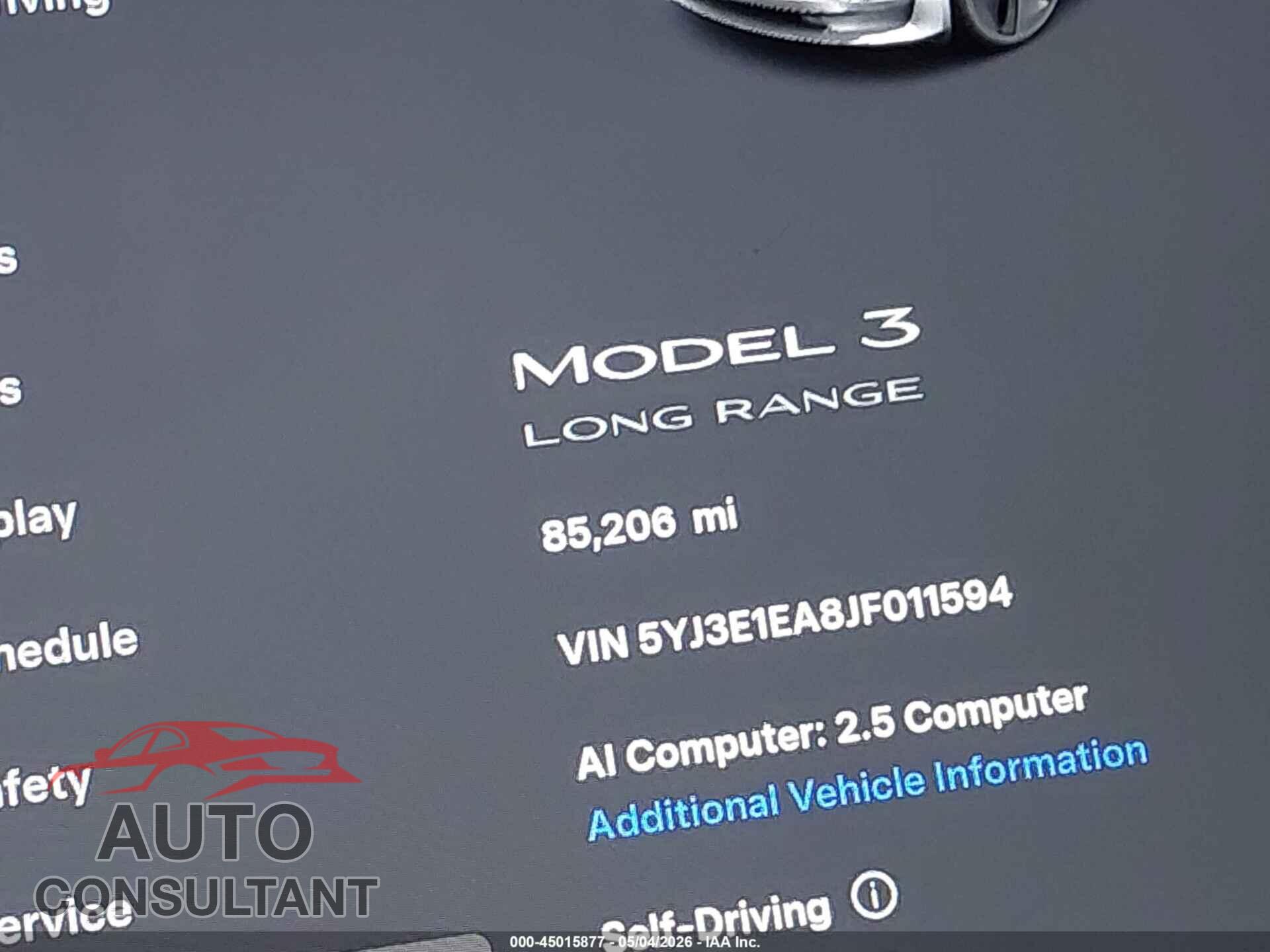 TESLA MODEL 3 2018 - 5YJ3E1EA8JF011594