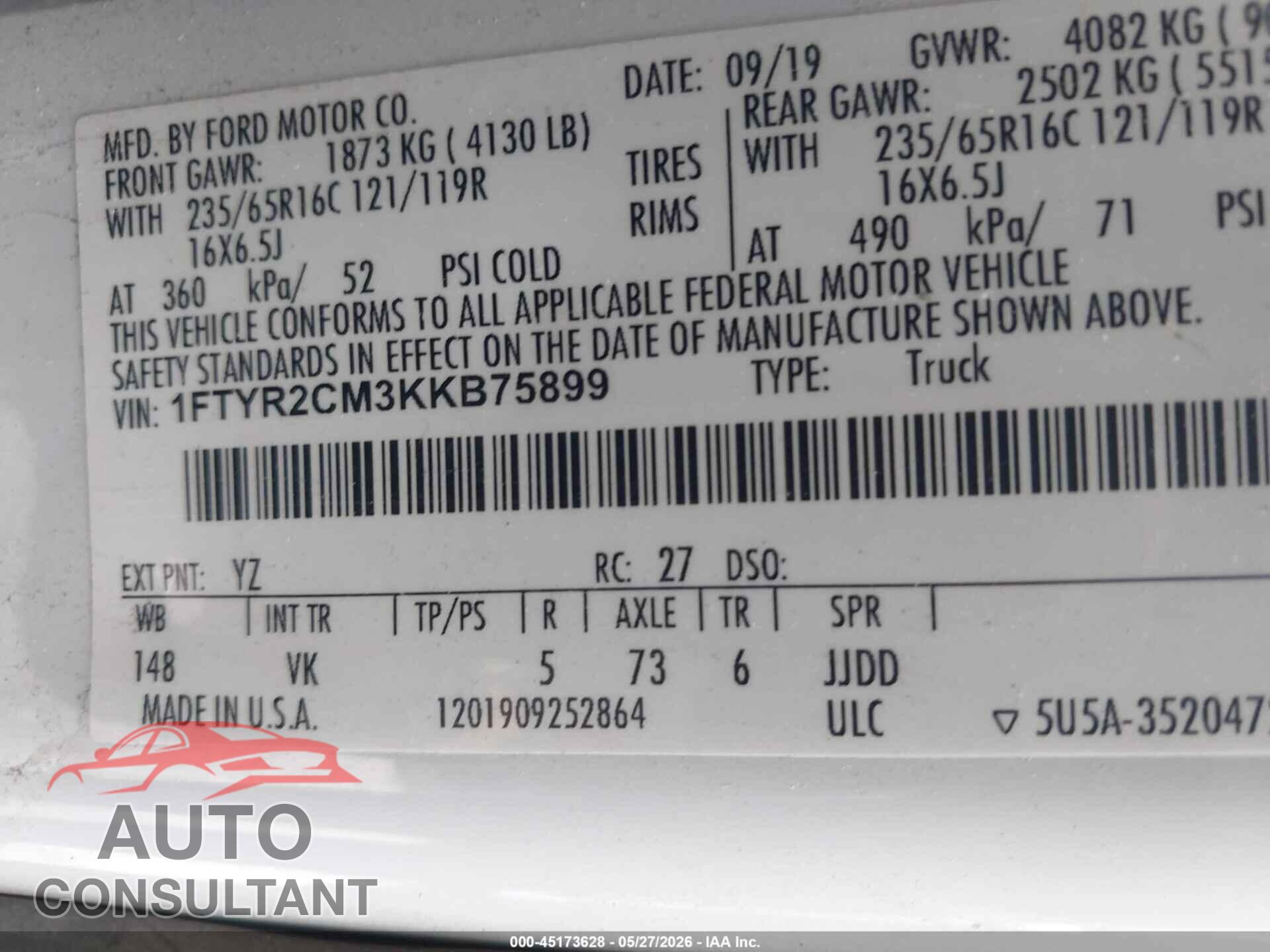 FORD TRANSIT-250 2019 - 1FTYR2CM3KKB75899