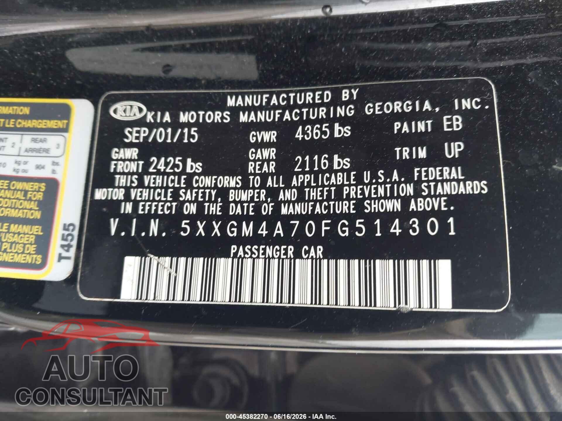 KIA OPTIMA 2015 - 5XXGM4A70FG514301