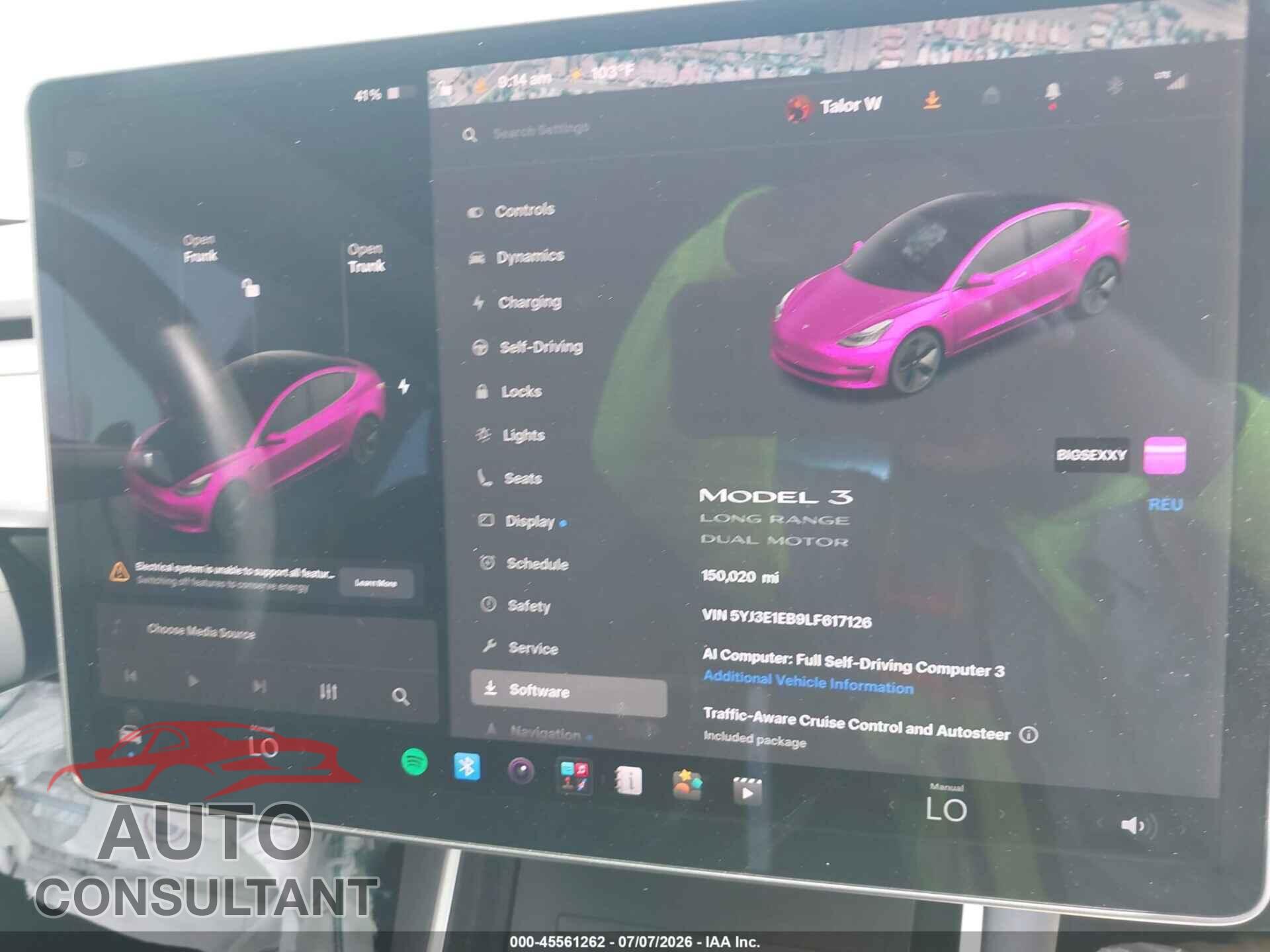 TESLA MODEL 3 2020 - 5YJ3E1EB9LF617126