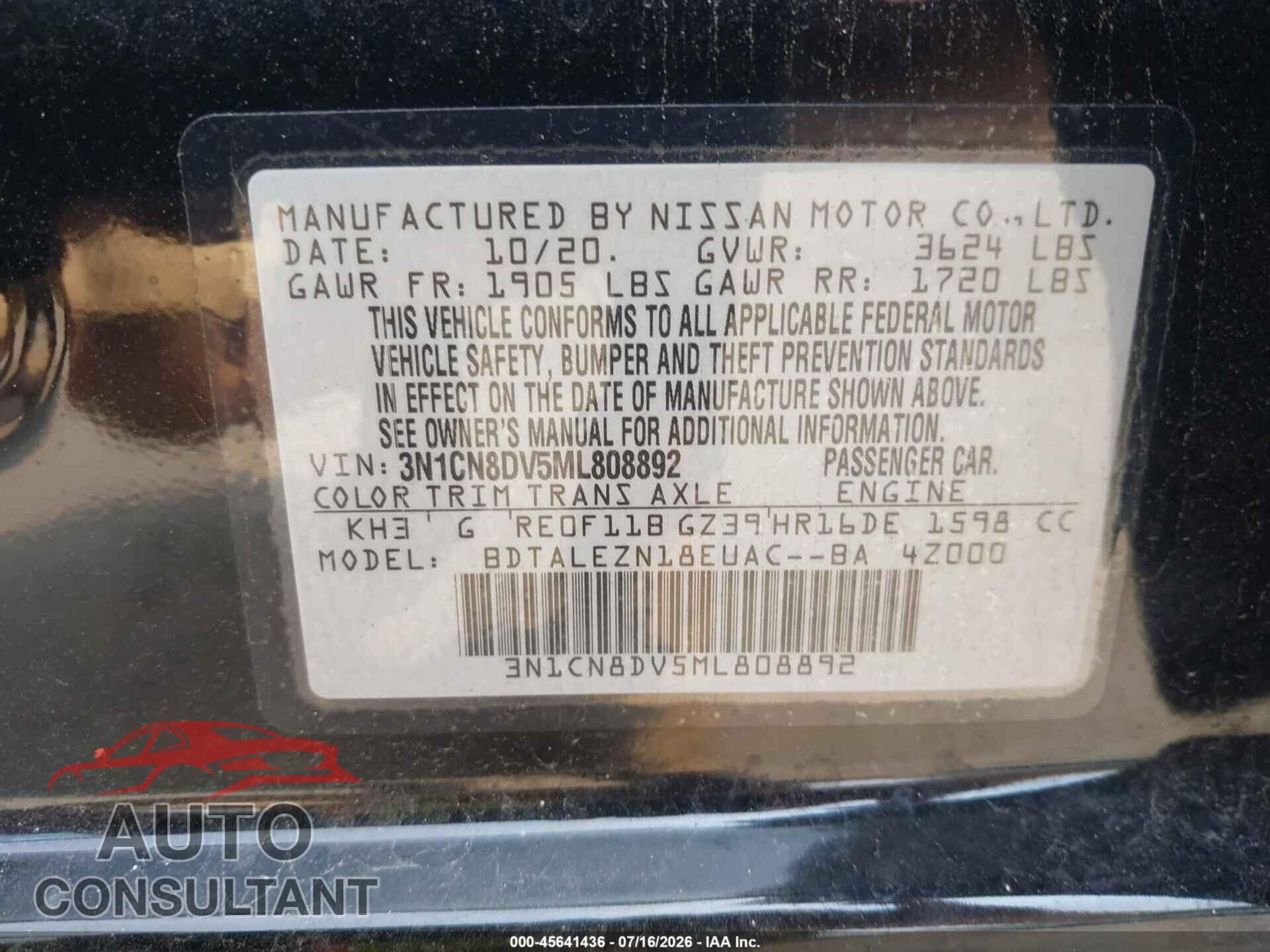 NISSAN VERSA 2021 - 3N1CN8DV5ML808892