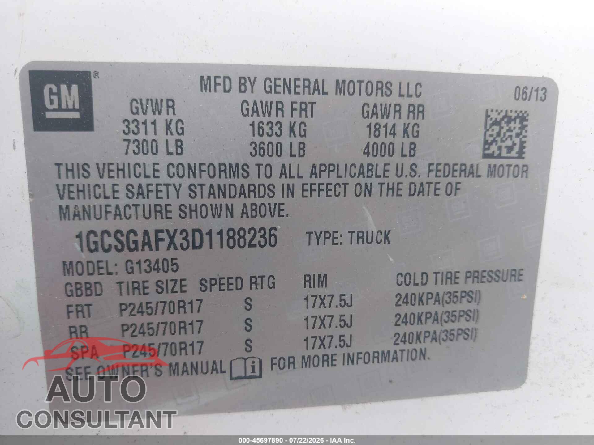 CHEVROLET EXPRESS 1500 2013 - 1GCSGAFX3D1188236