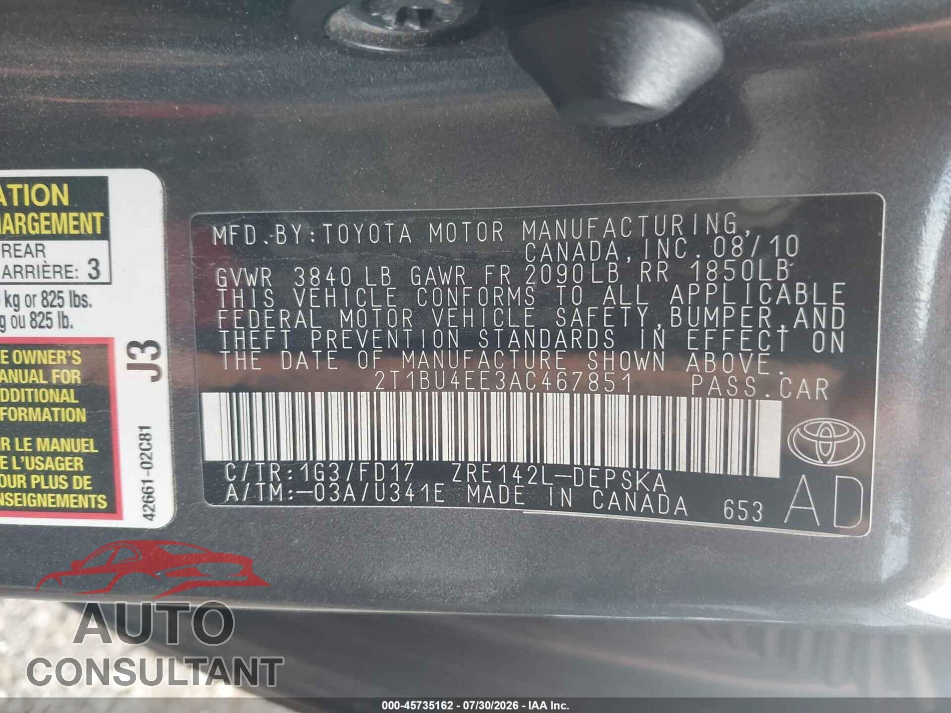 TOYOTA COROLLA 2010 - 2T1BU4EE3AC467851
