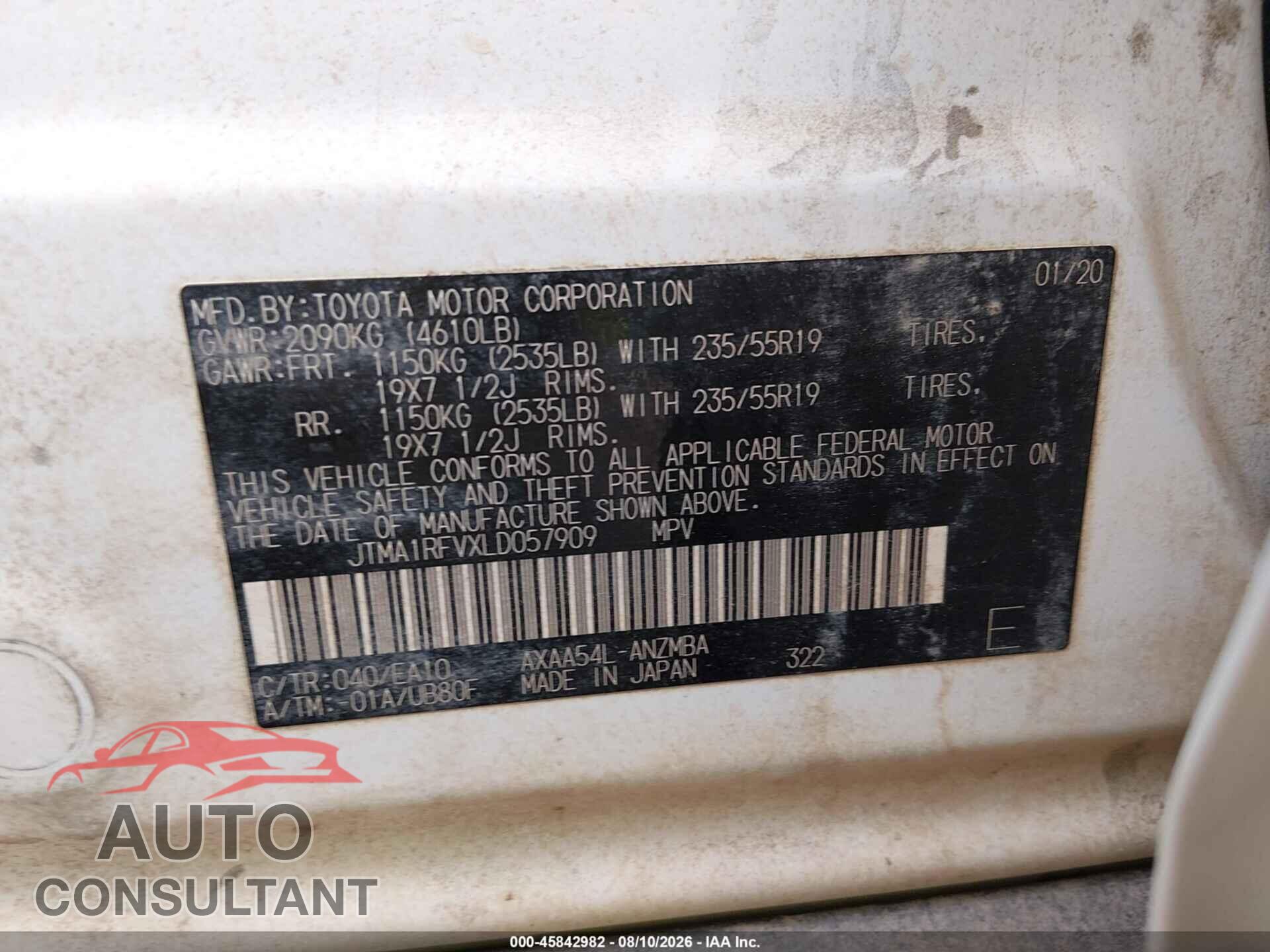 TOYOTA RAV4 2020 - JTMA1RFVXLD057909