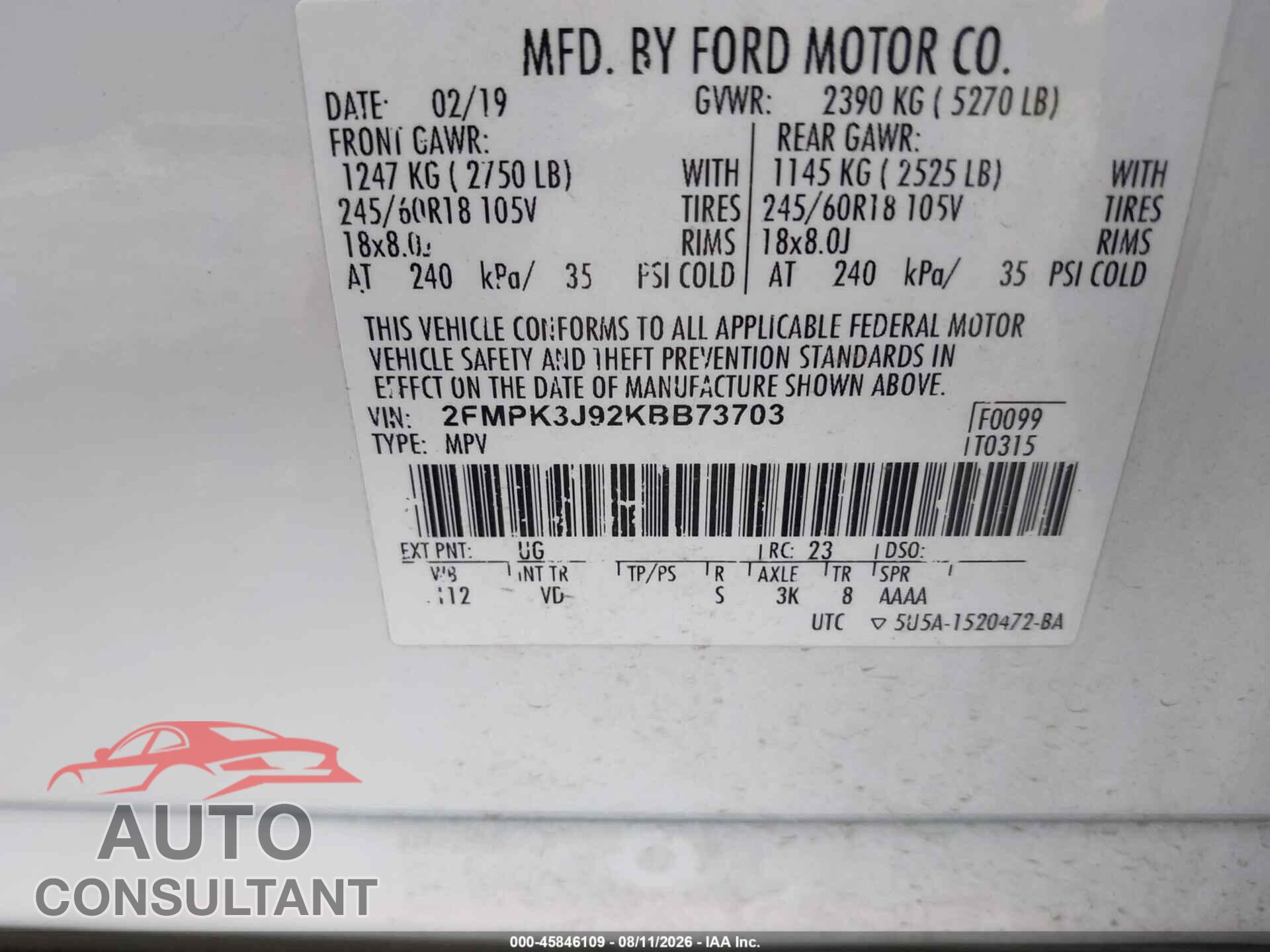 FORD EDGE 2019 - 2FMPK3J92KBB73703
