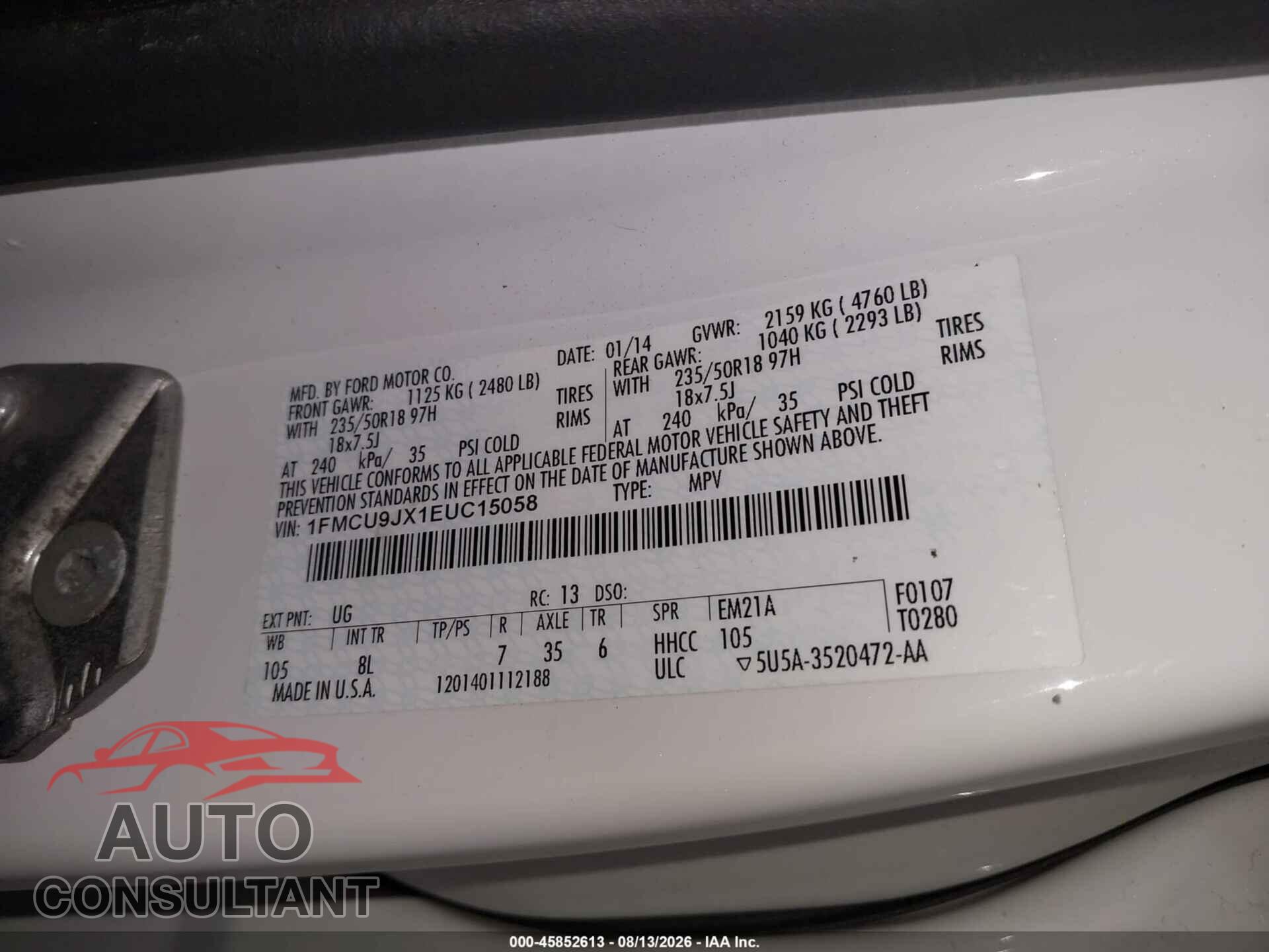 FORD ESCAPE 2014 - 1FMCU9JX1EUC15058
