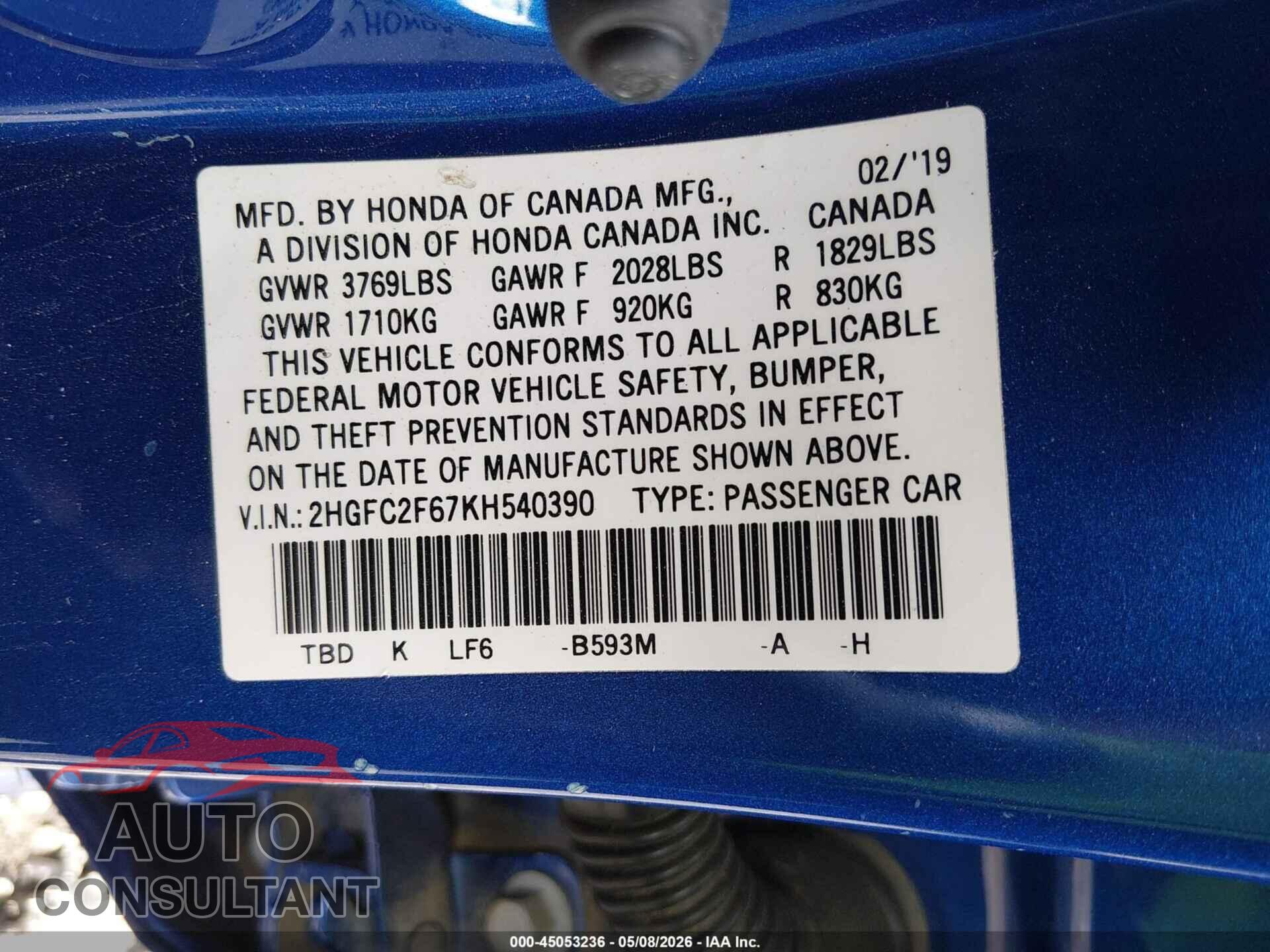 HONDA CIVIC 2019 - 2HGFC2F67KH540390