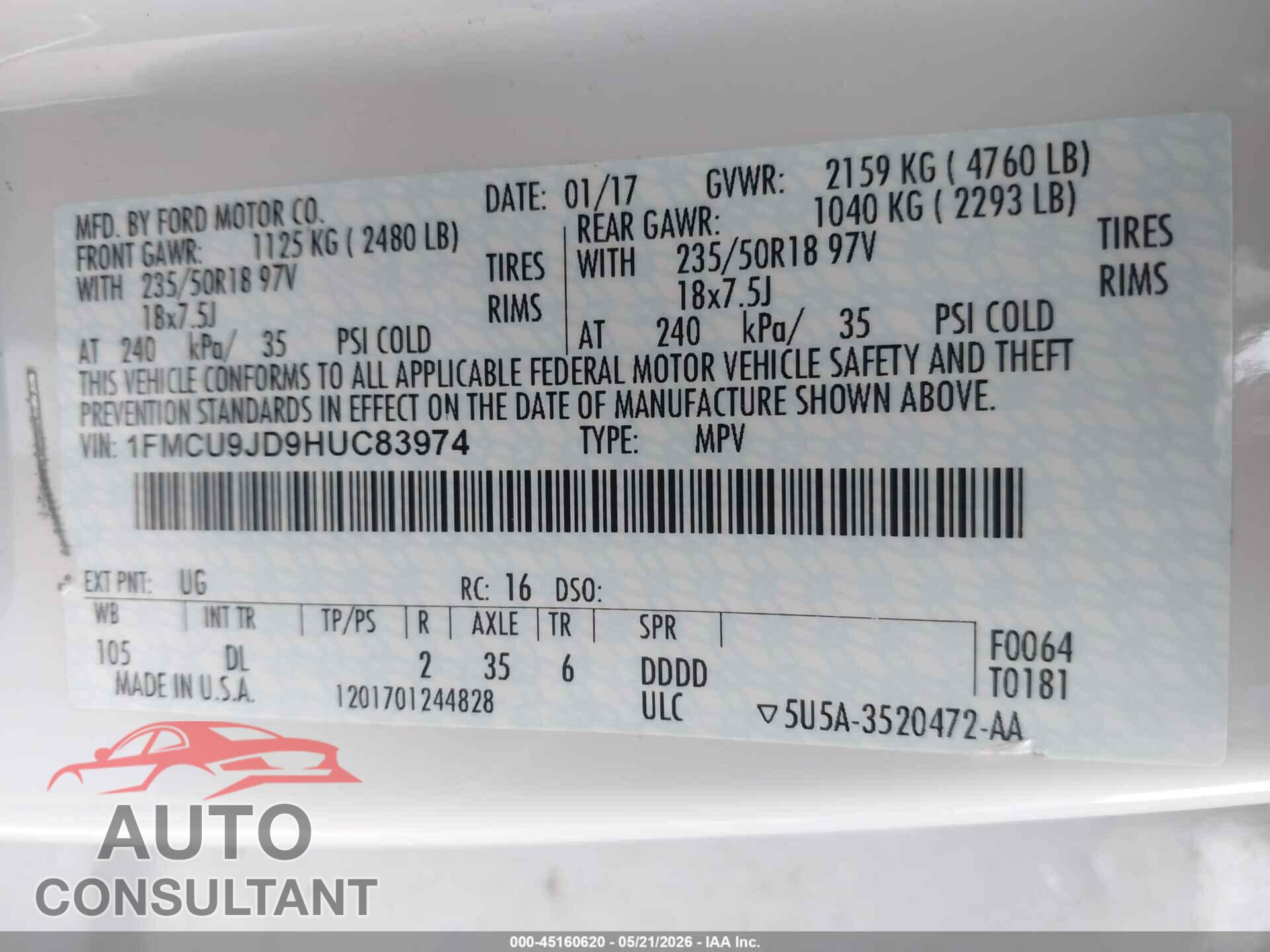 FORD ESCAPE 2017 - 1FMCU9JD9HUC83974