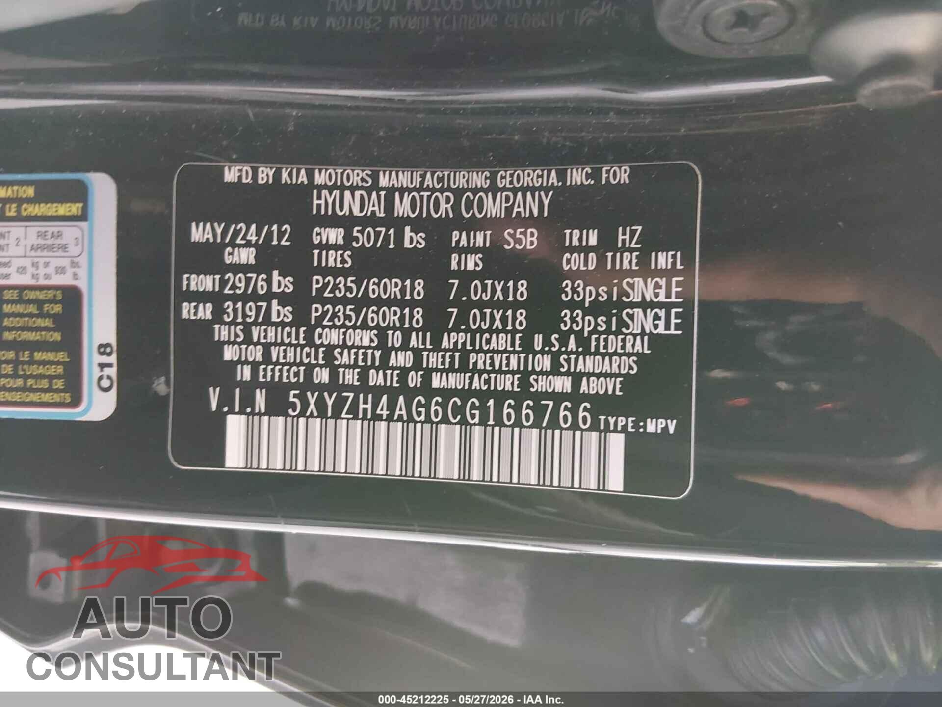 HYUNDAI SANTA FE 2012 - 5XYZH4AG6CG166766