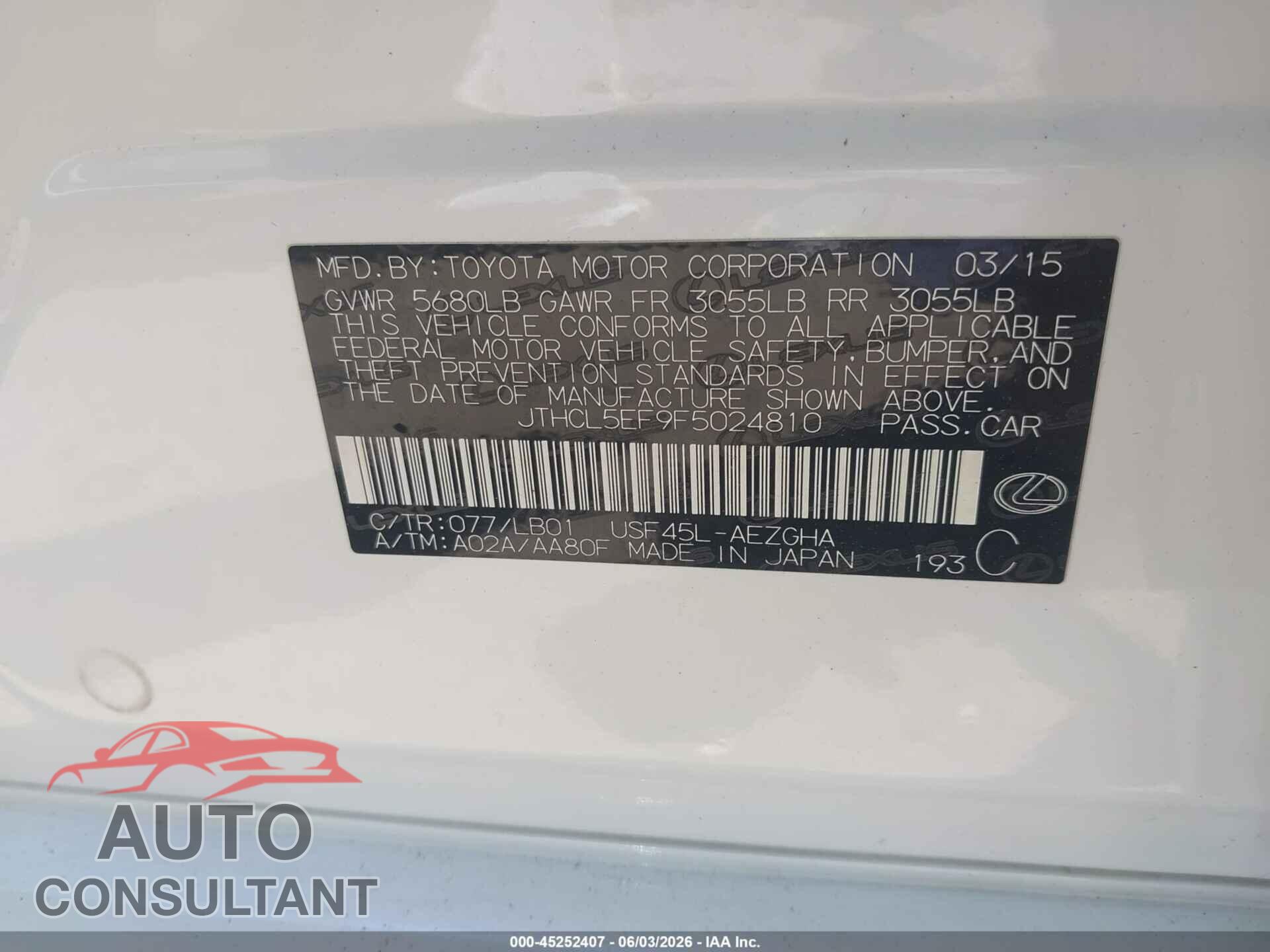 LEXUS LS 460 2015 - JTHCL5EF9F5024810