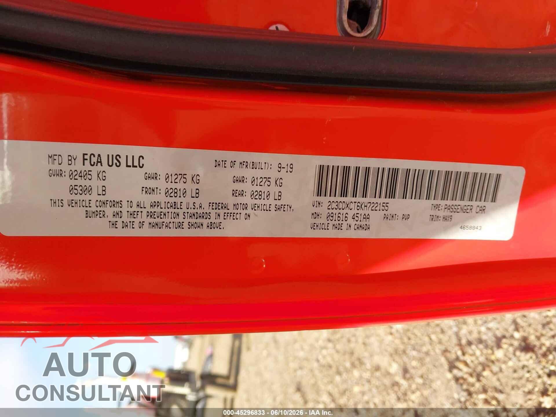 DODGE CHARGER 2019 - 2C3CDXCT6KH722155