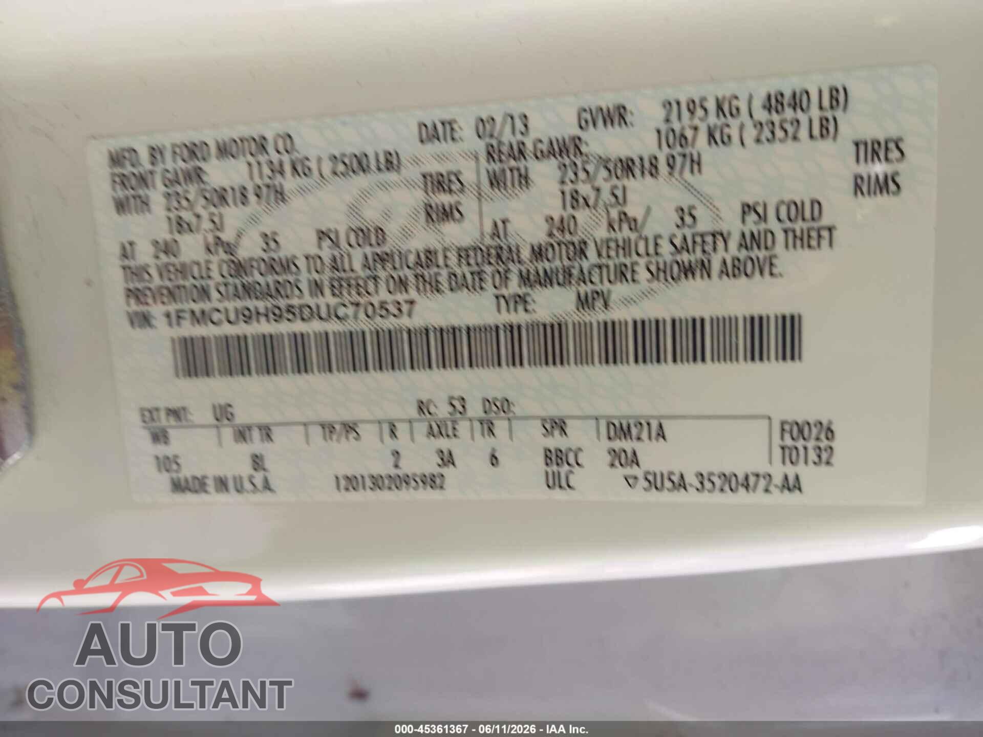 FORD ESCAPE 2013 - 1FMCU9H95DUC70537