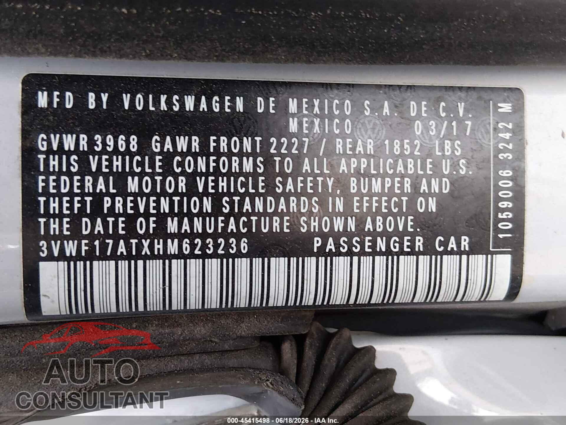 VOLKSWAGEN BEETLE 2017 - 3VWF17ATXHM623236