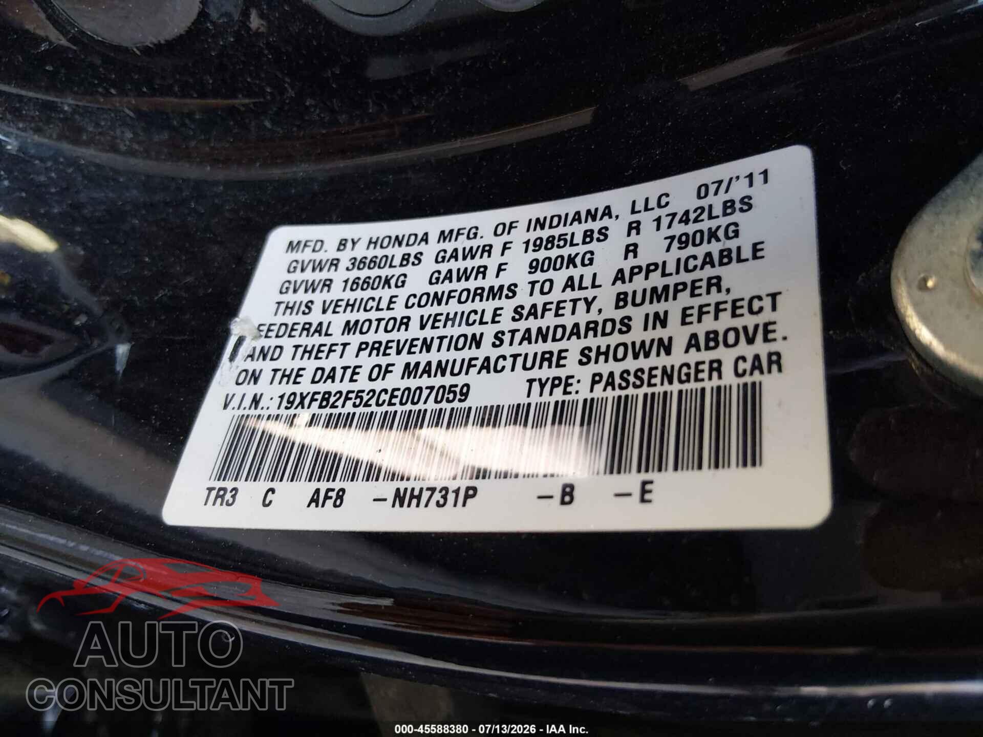HONDA CIVIC 2012 - 19XFB2F52CE007059