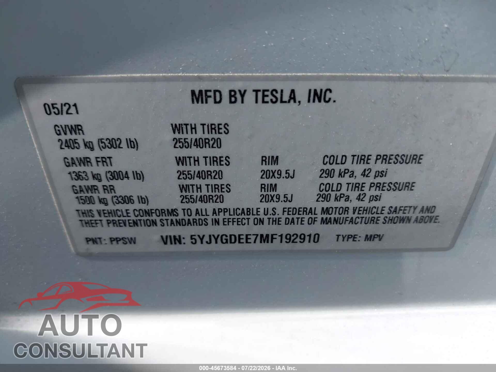 TESLA MODEL Y 2021 - 5YJYGDEE7MF192910