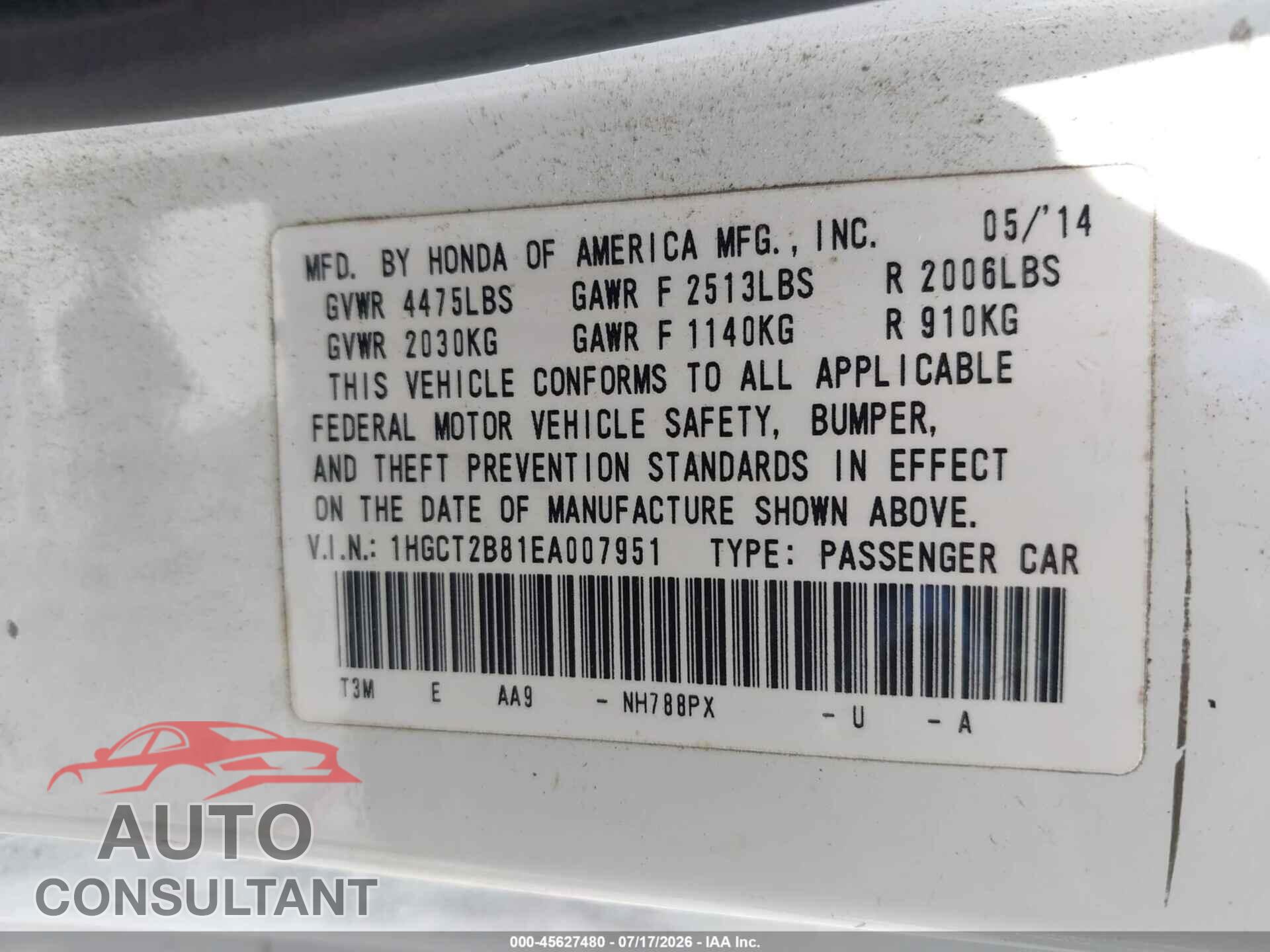 HONDA ACCORD 2014 - 1HGCT2B81EA007951