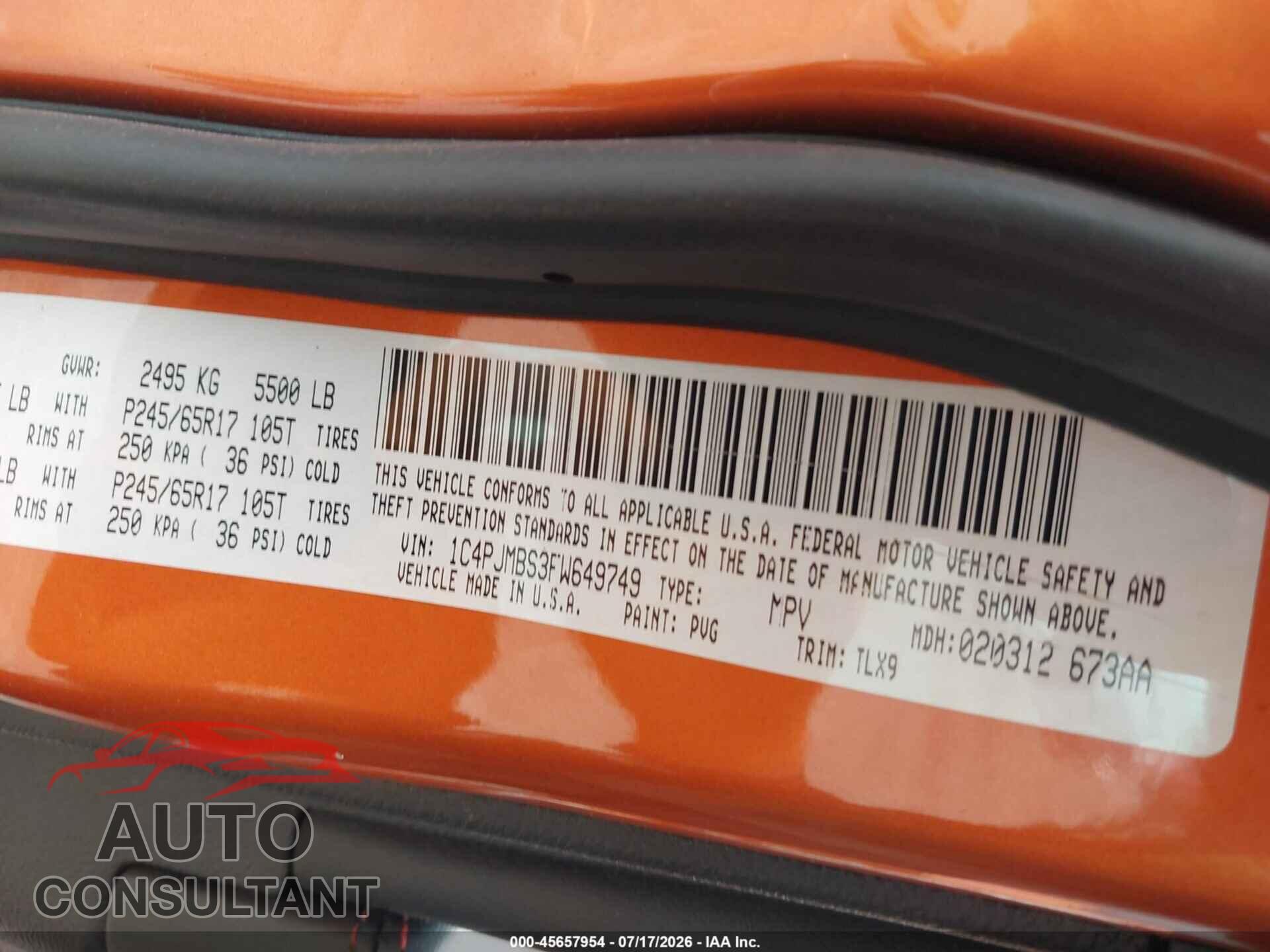 JEEP CHEROKEE 2015 - 1C4PJMBS3FW649749