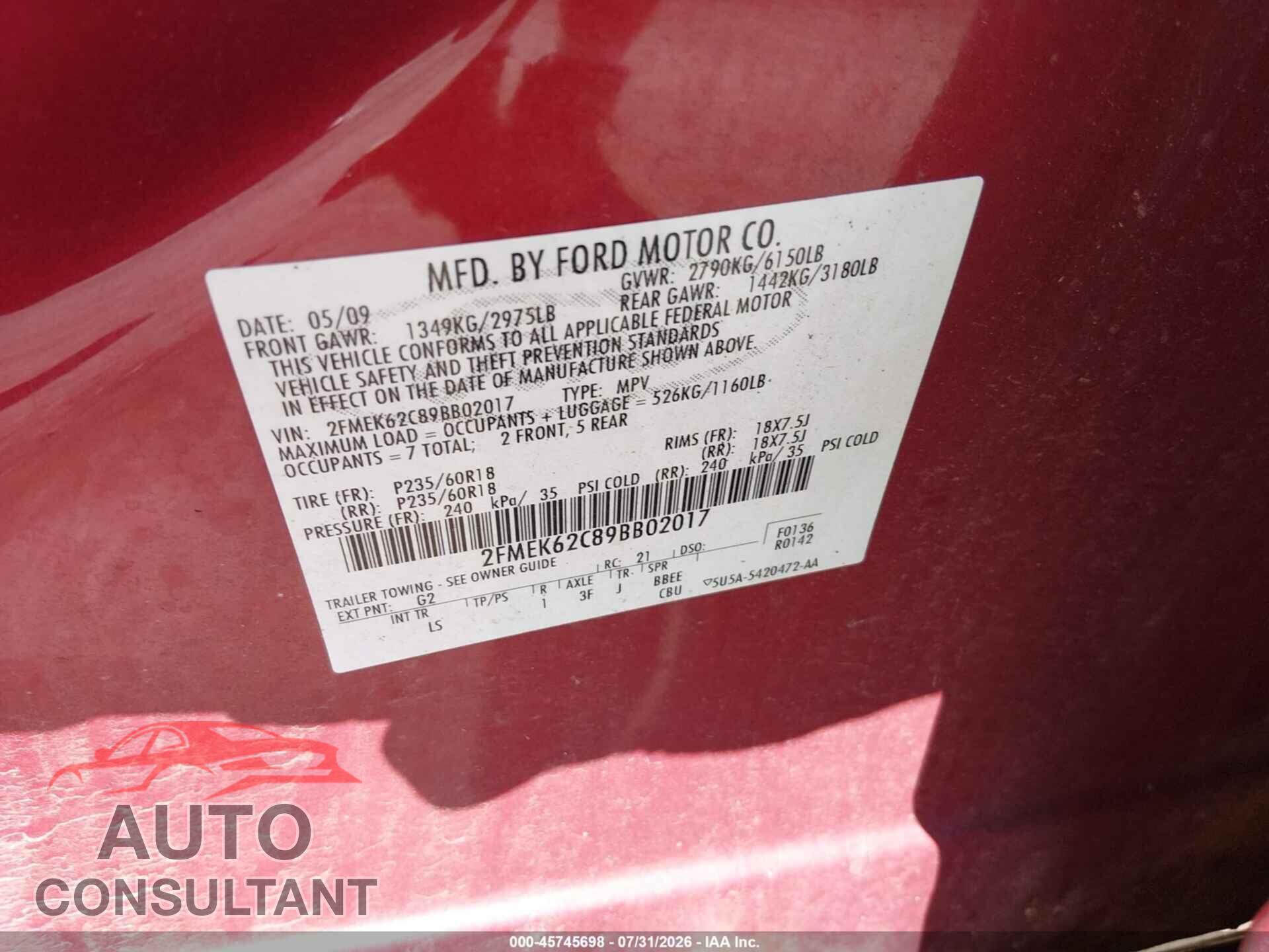 FORD FLEX 2009 - 2FMEK62C89BB02017