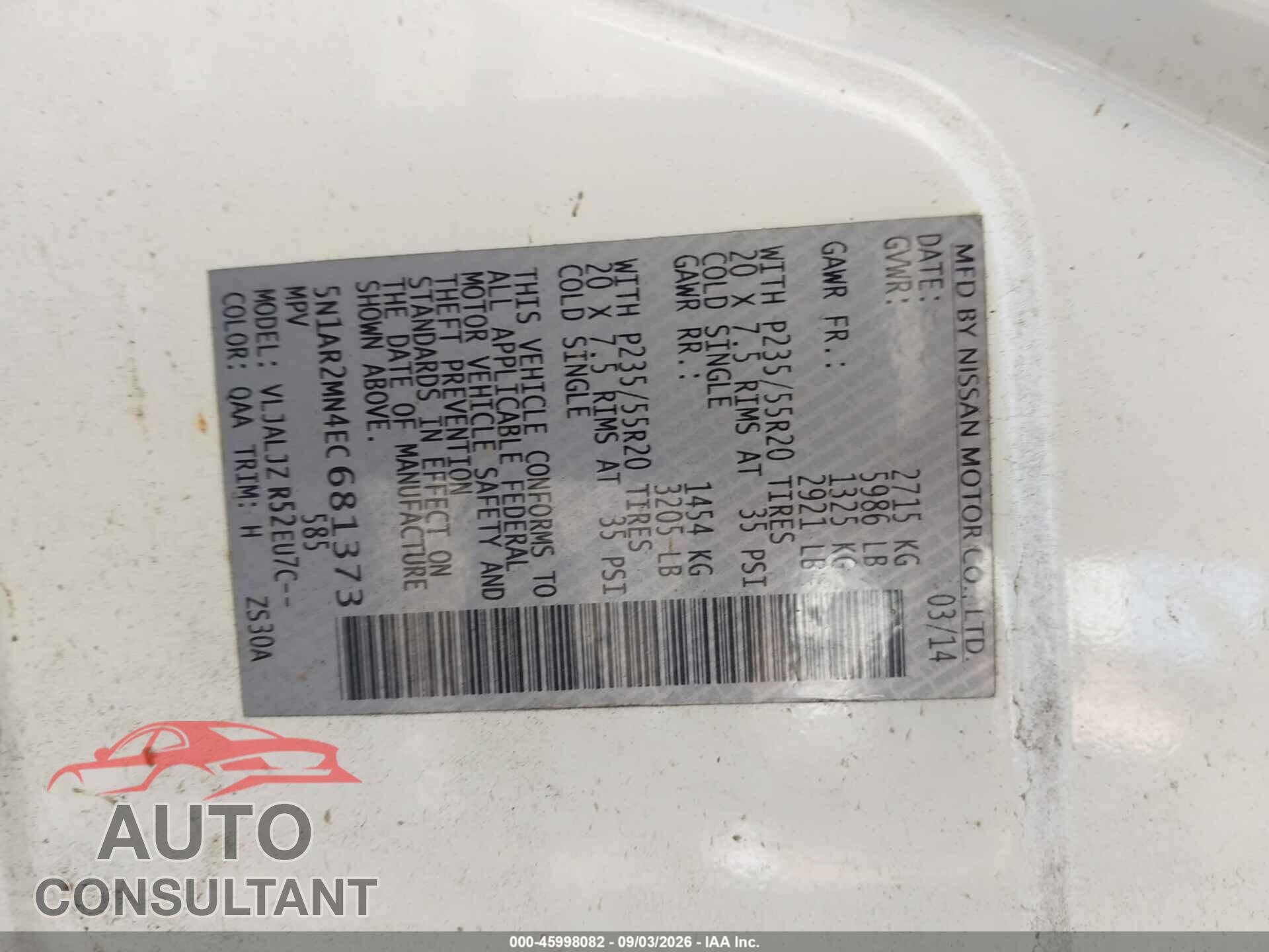 NISSAN PATHFINDER 2014 - 5N1AR2MN4EC681373
