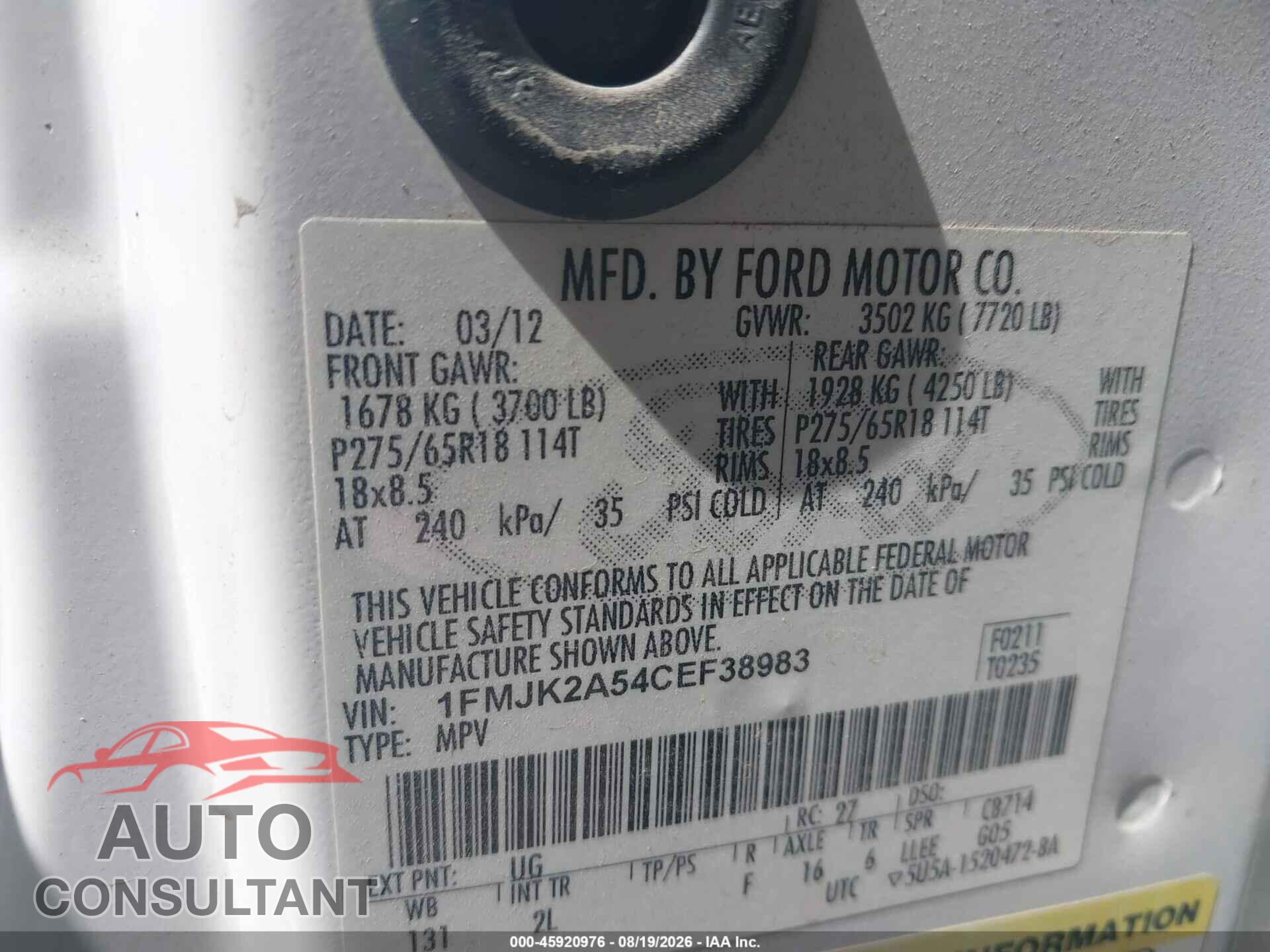 FORD EXPEDITION EL 2012 - 1FMJK2A54CEF38983
