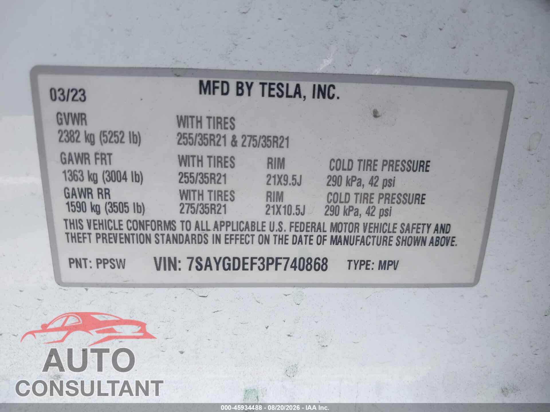 TESLA MODEL Y 2023 - 7SAYGDEF3PF740868