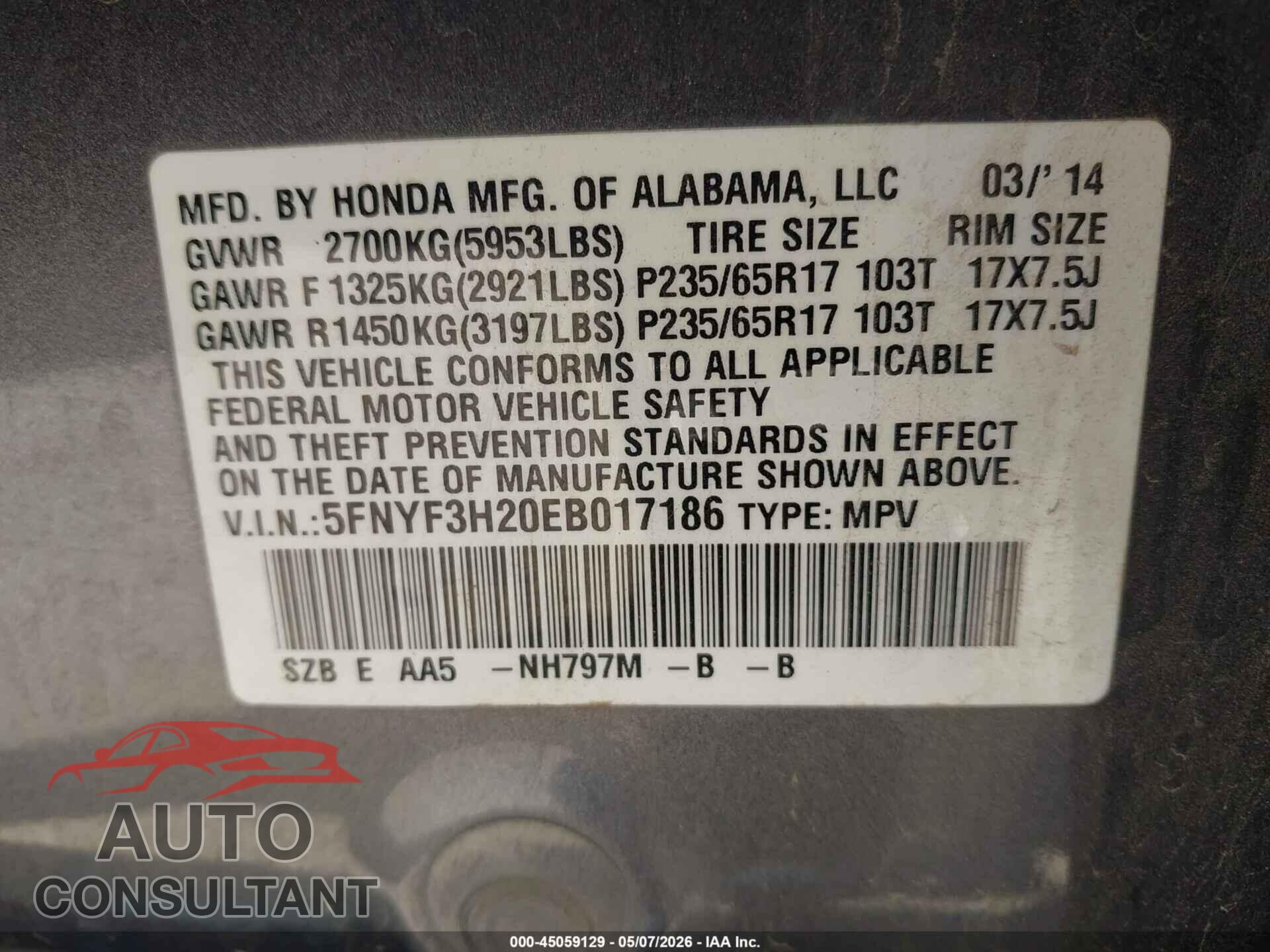 HONDA PILOT 2014 - 5FNYF3H20EB017186