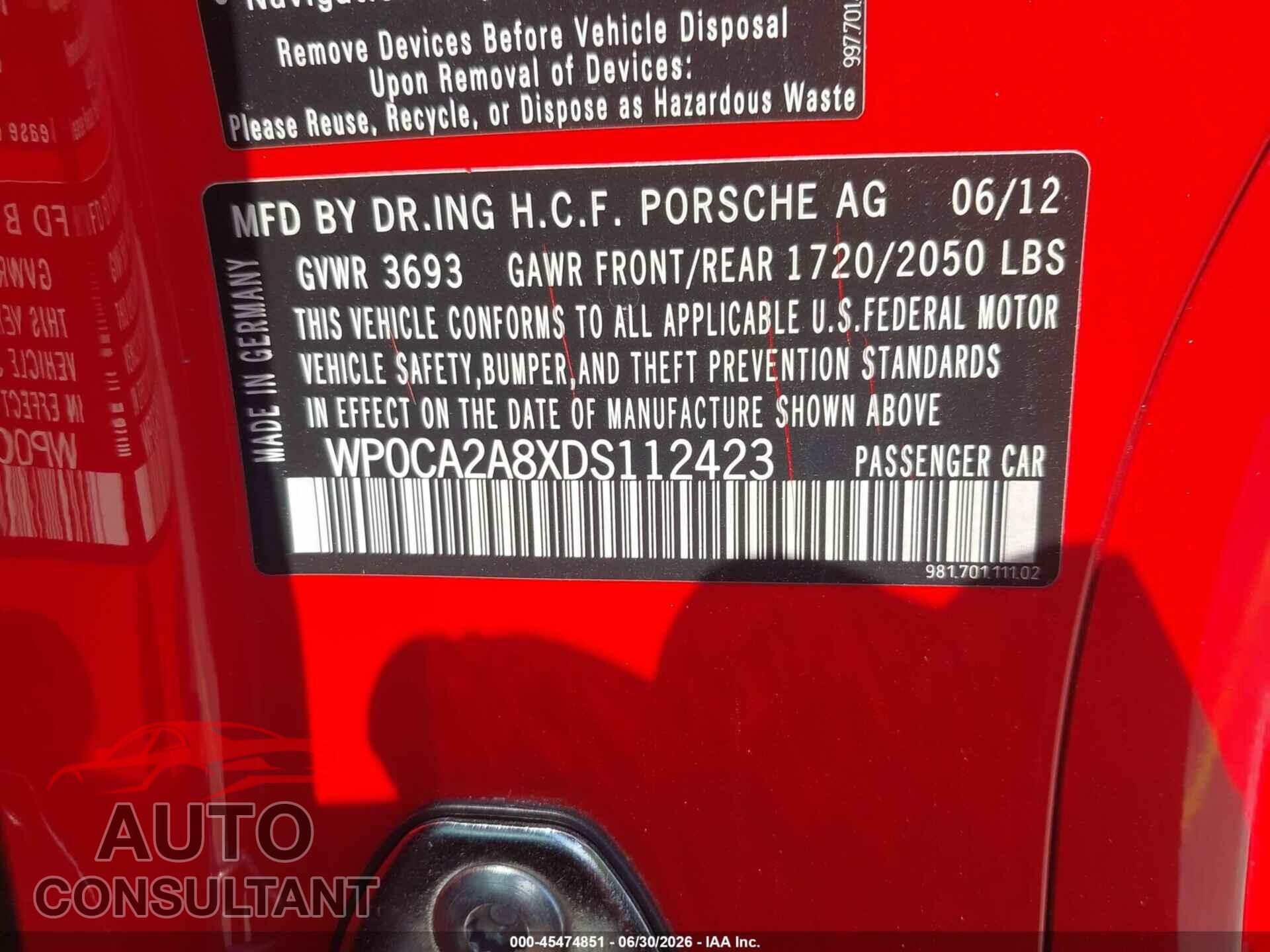 PORSCHE BOXSTER 2013 - WP0CA2A8XDS112423