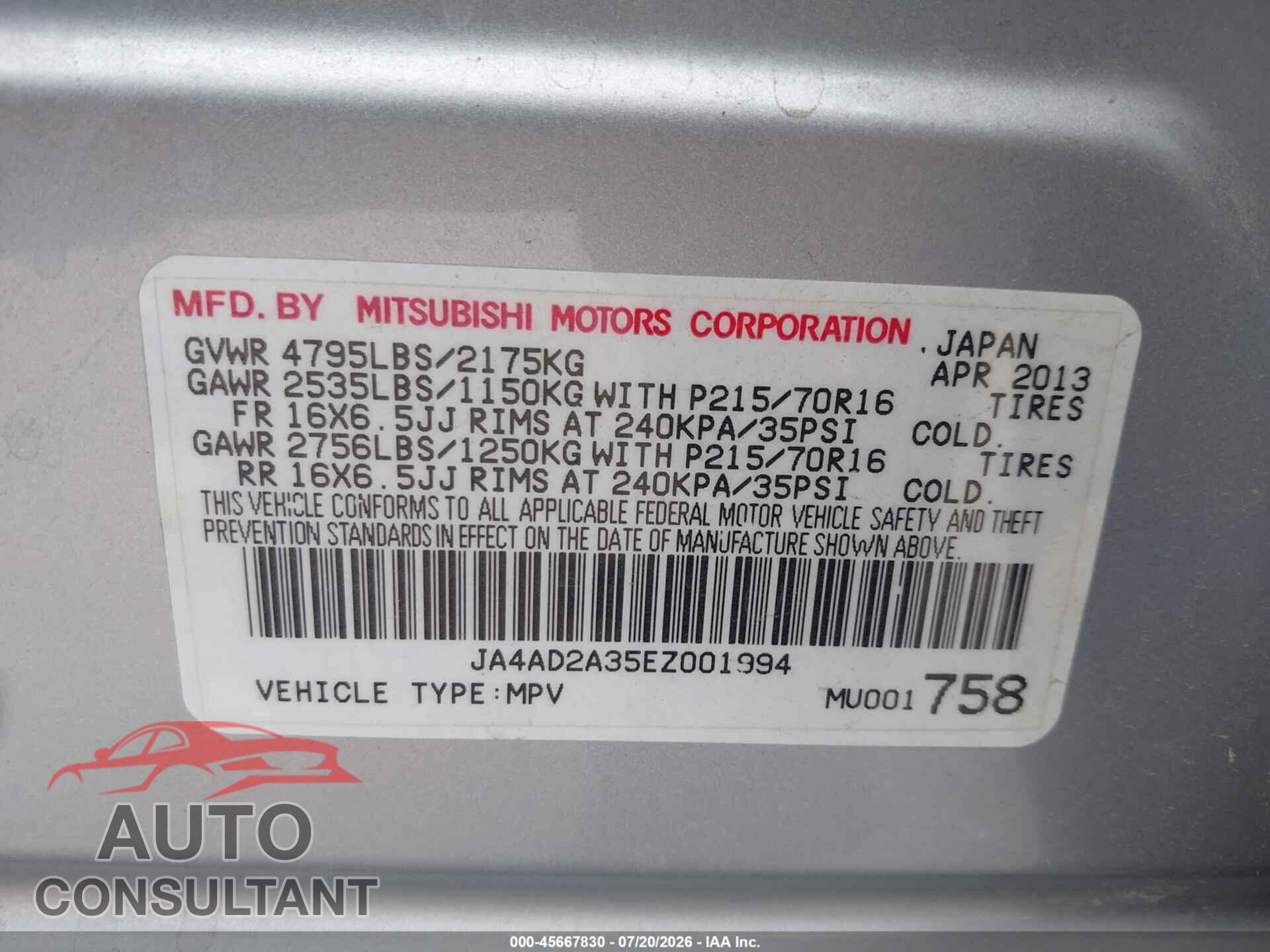 MITSUBISHI OUTLANDER 2014 - JA4AD2A35EZ001994
